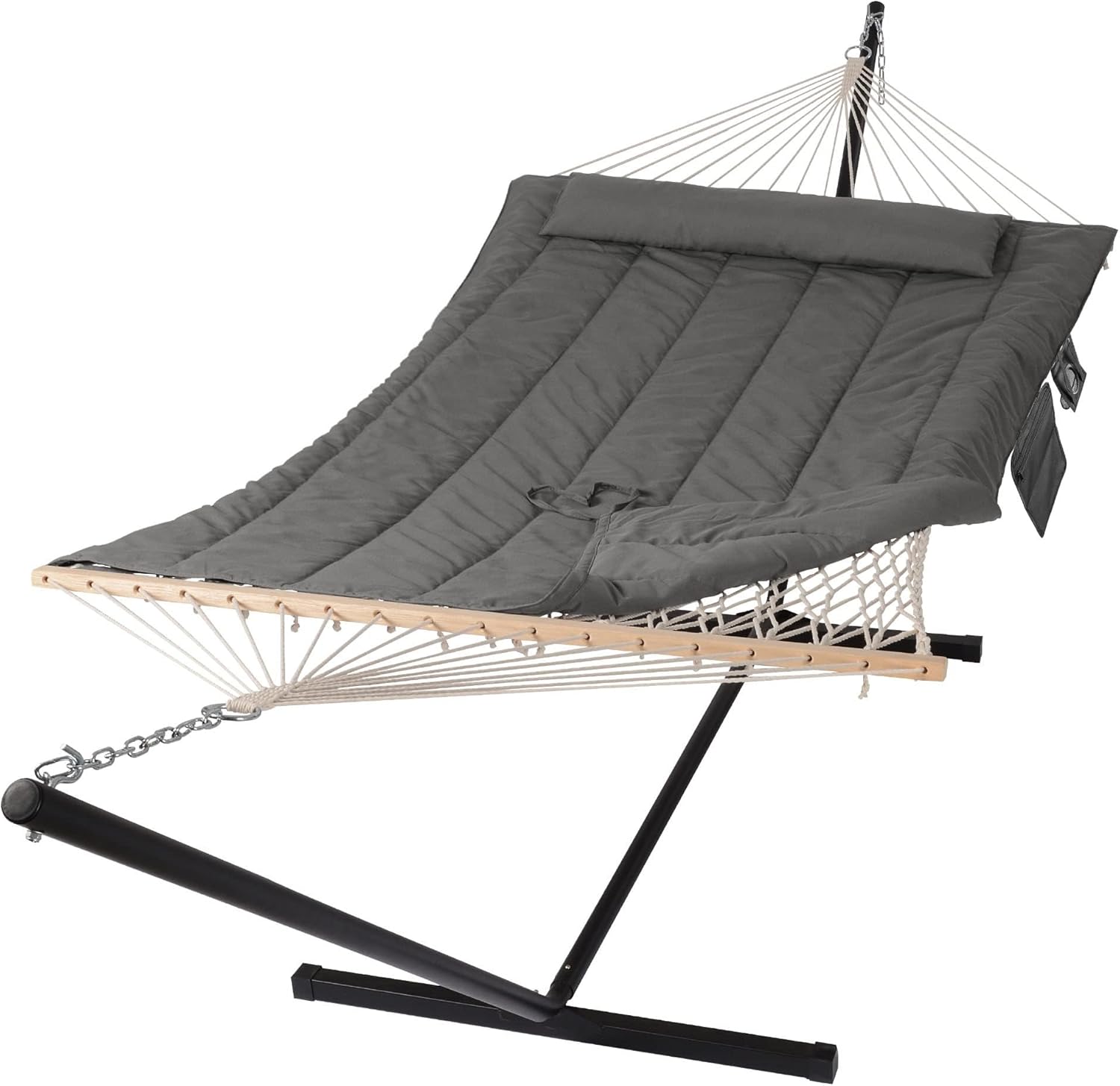 SUNCREAT B09JJVL2BN Double Outdoor Hammock with Stand Two Person Cotton Rope Hammock with Polyester Pad Dark Gray