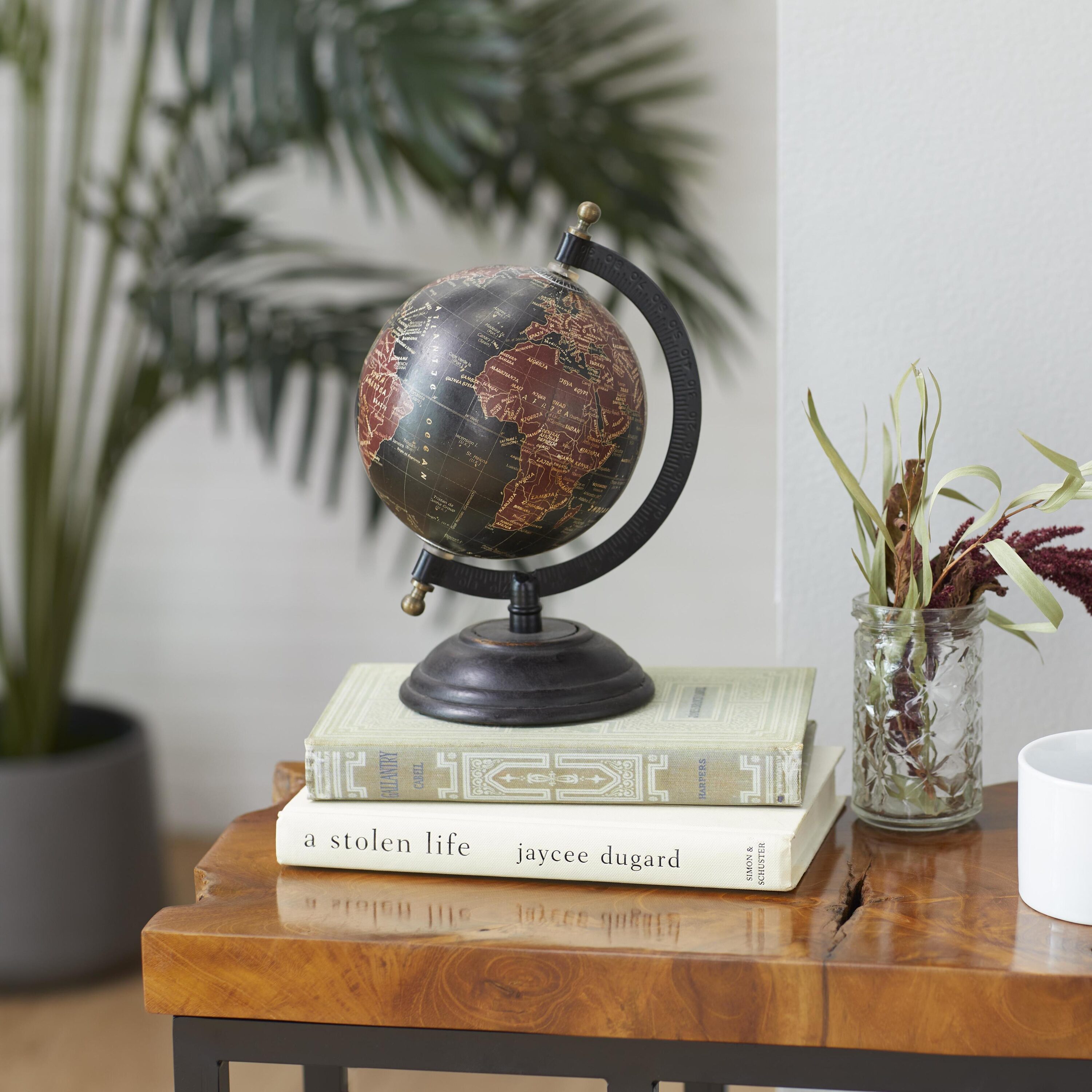 Black and Brown Mango Wood Decorative Globe with Metal Base