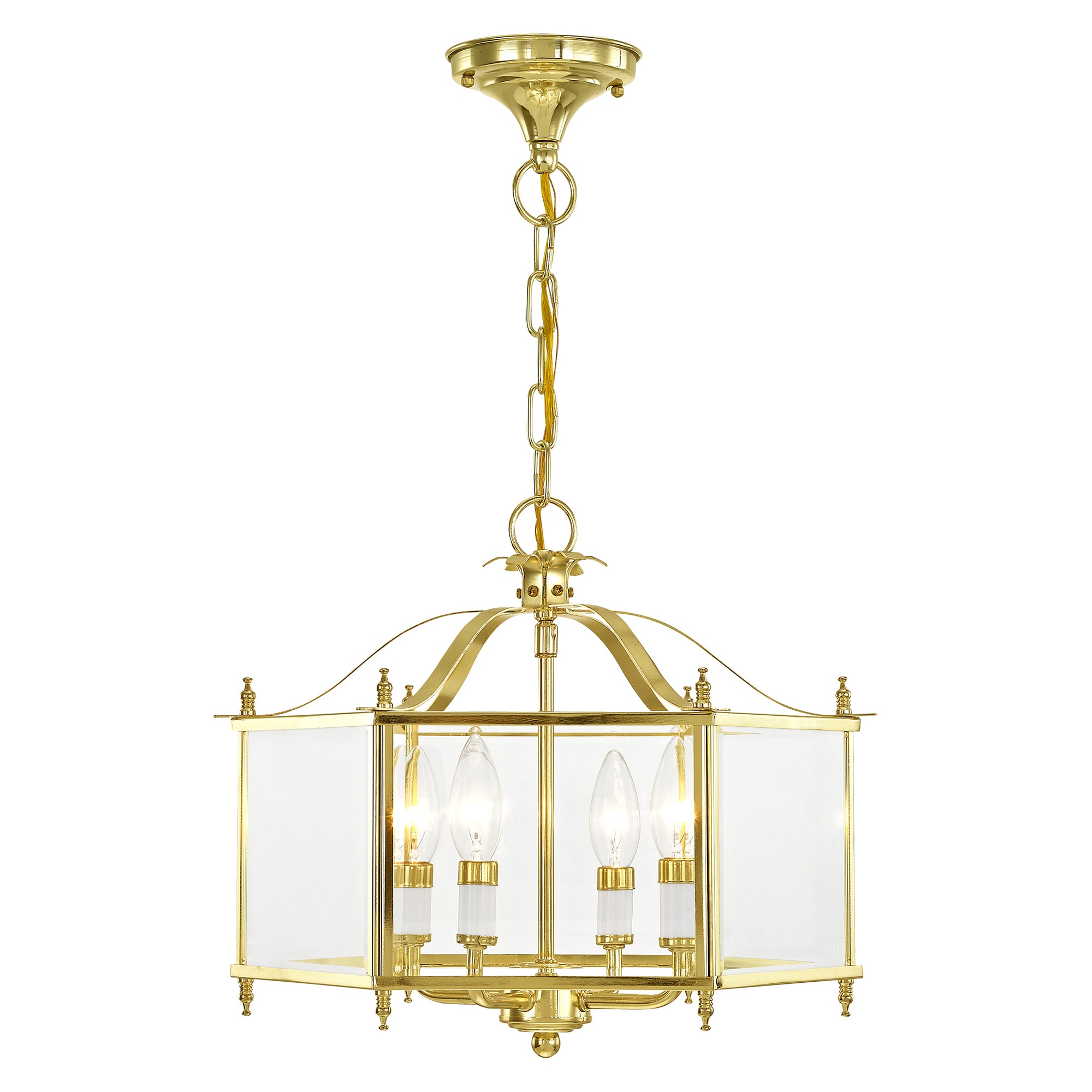 Livex Lighting 4398-02 Livingston 4 -Light Polished Brass Traditional Beveled glass Lantern Medium Hanging Convertible pendant/Semi-flush