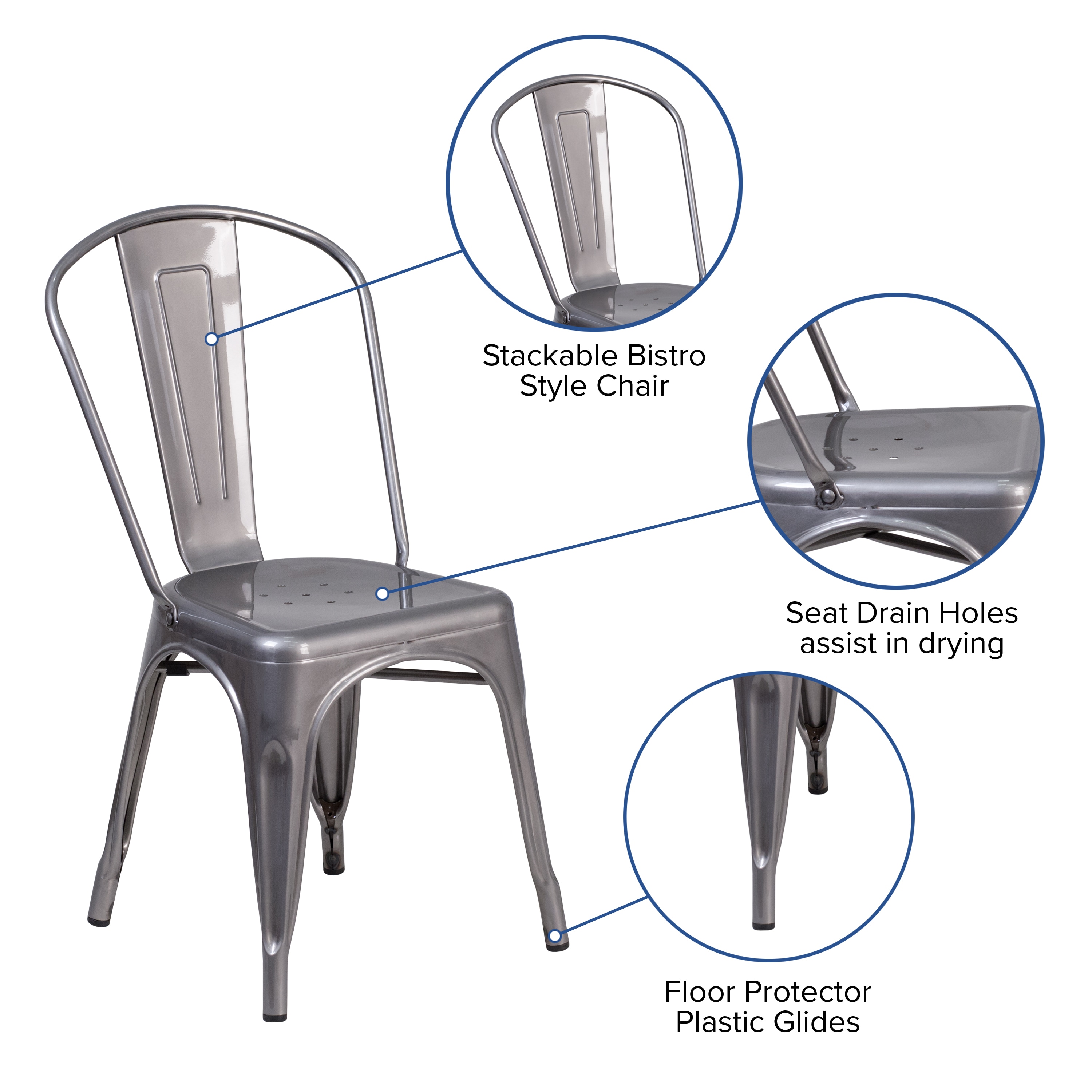Silver Metal Armless Stackable Dining Chair