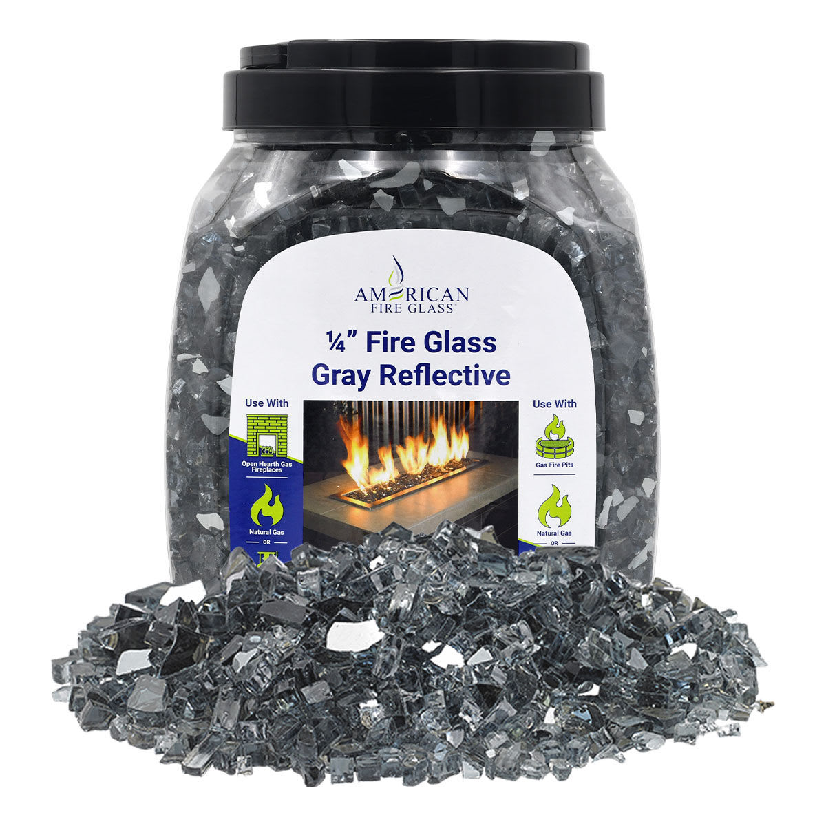 American Fire Glass - Fire Glass - 1/4-in Gray Reflective - 10-lb Jar for Gas Fire Pits and Firep...