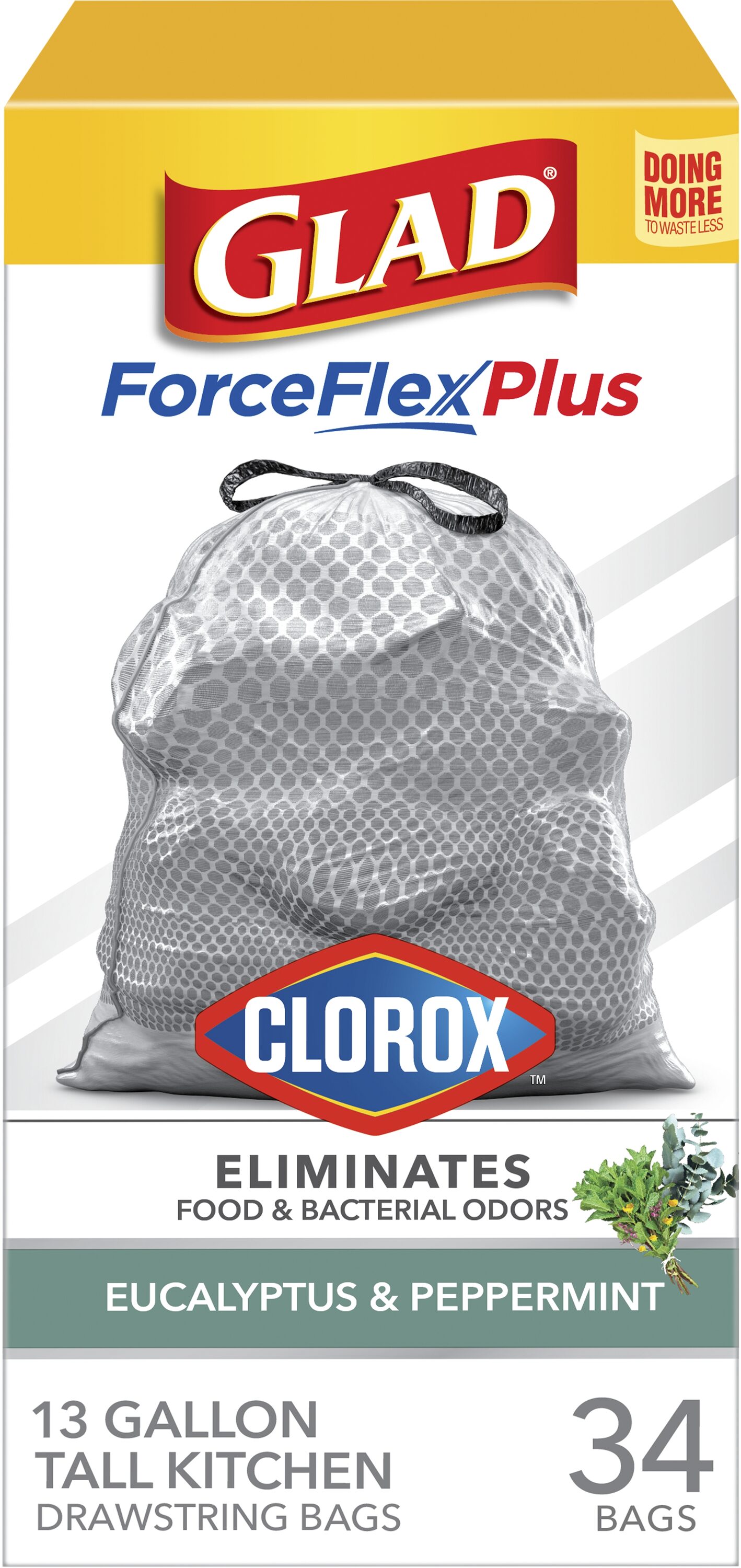 Glad ForceFlex Plus Drawstring Trash Bags, Lemon Fresh Bleach Odor Shield  with Clorox, 13 Gallon, 34-Ct.
