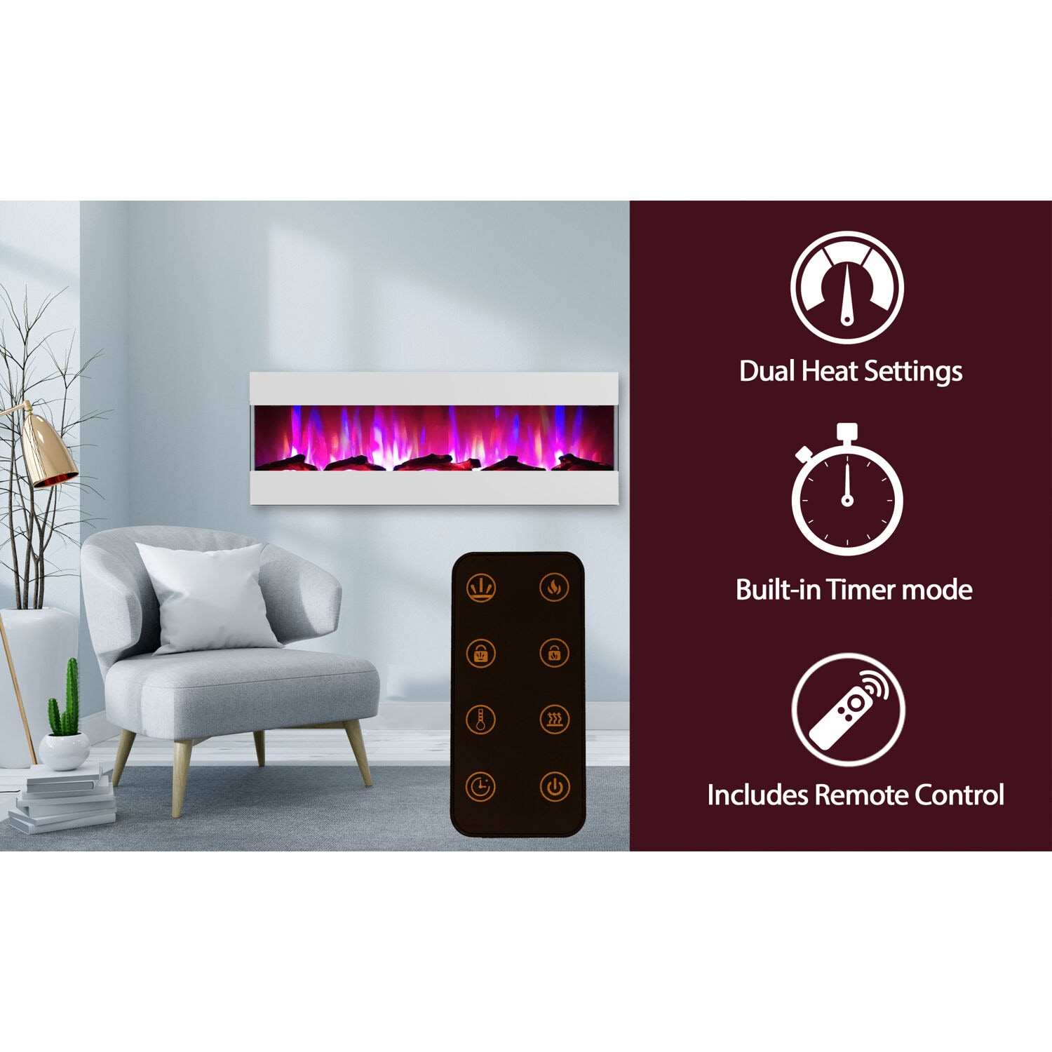 Cambridge 60" White Recessed Electric Fireplace with Multi-Color LED