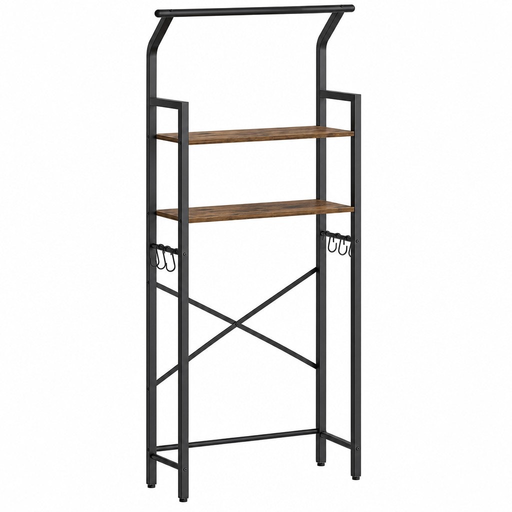 OGETFUUR 2-Tier Rustic Brown and Black Over The Toilet Storage with Hooks for Bathroom Organizer