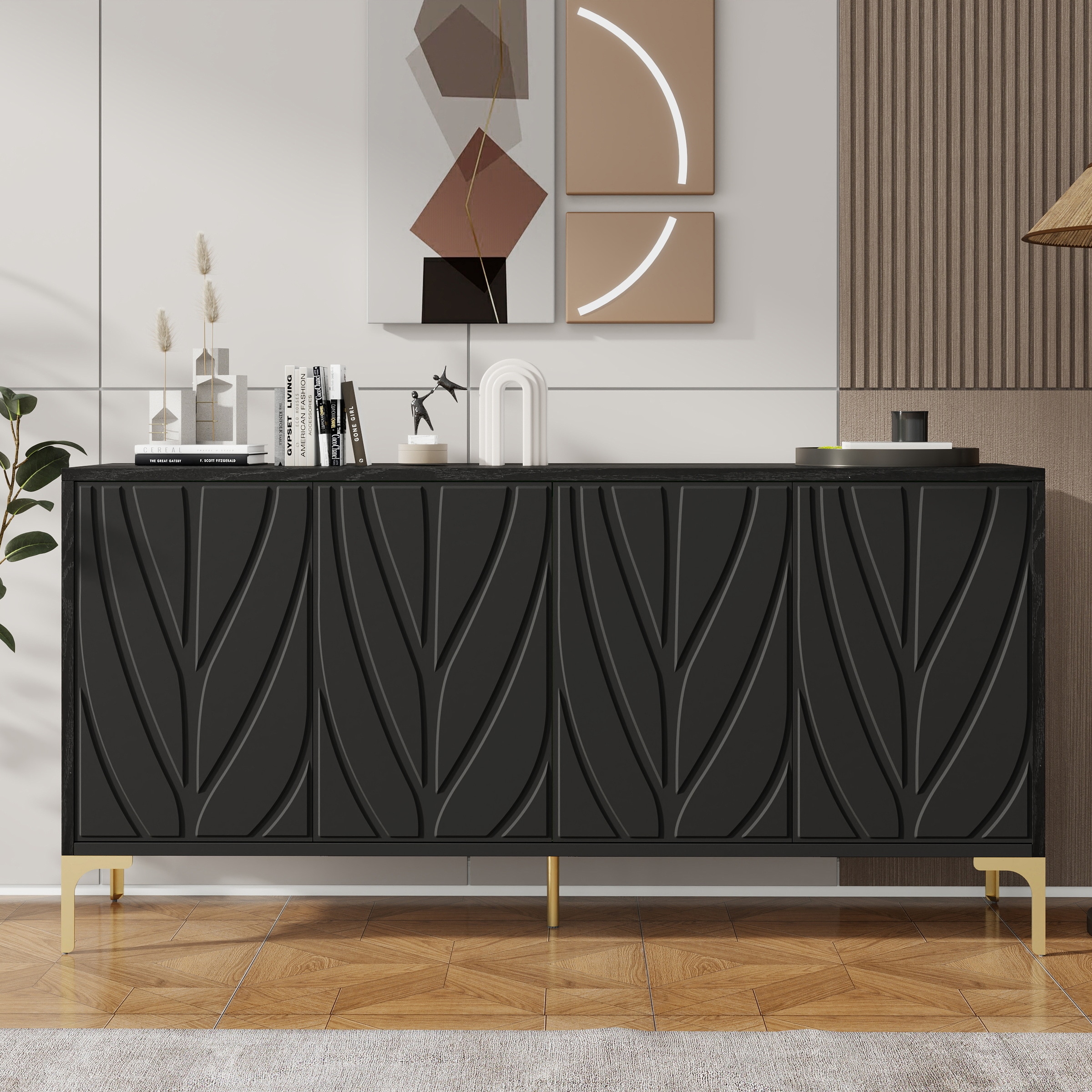 Tatayosi JL-279985 60 Inch High-Gloss Black Sideboard with Press-to-Open Doors and Wood Veneer