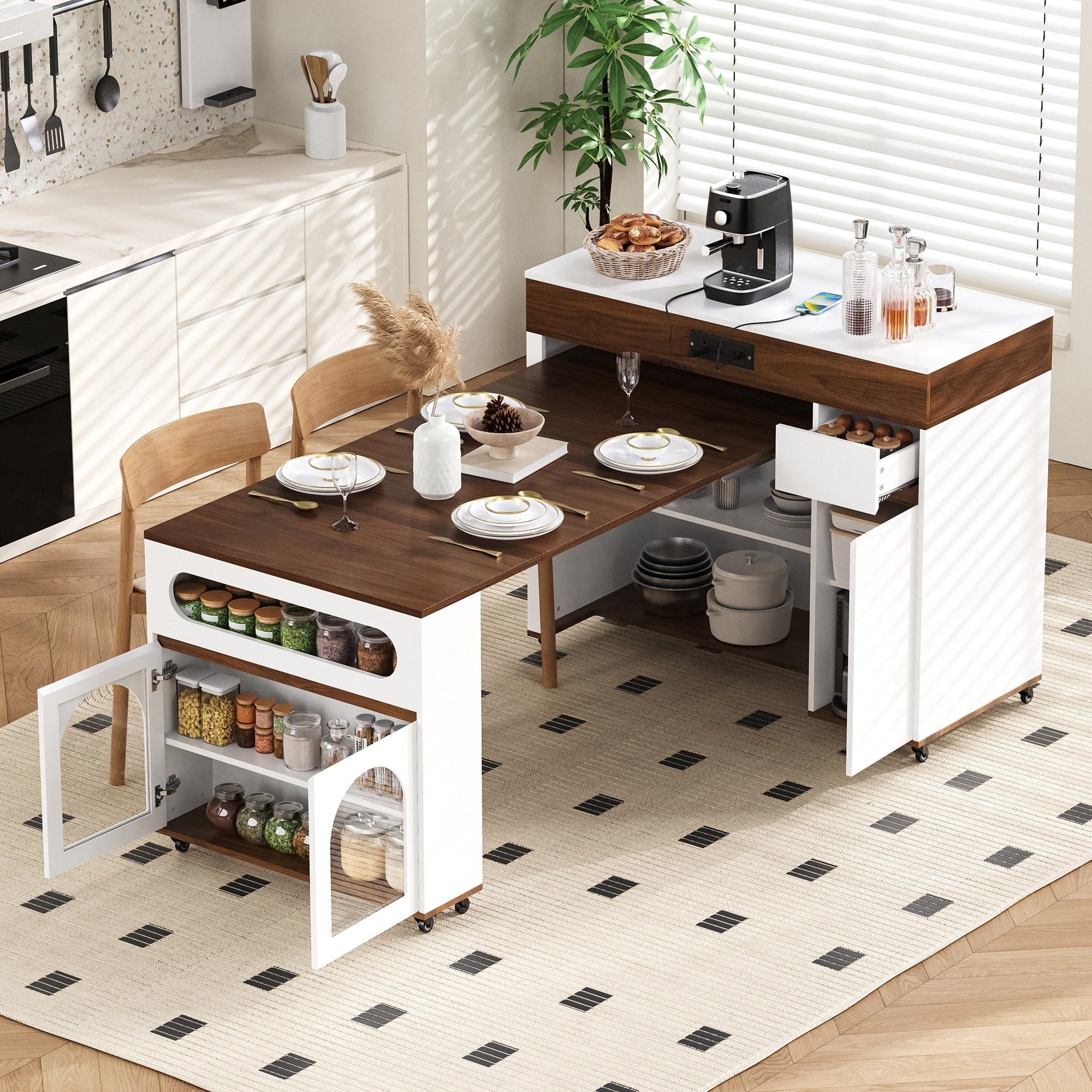 Horizons Prime 74 inch Walnut + Creamy White MDF and Particle Board Extendable Dining Table with Extra-Long Folding Top and Power Outlet