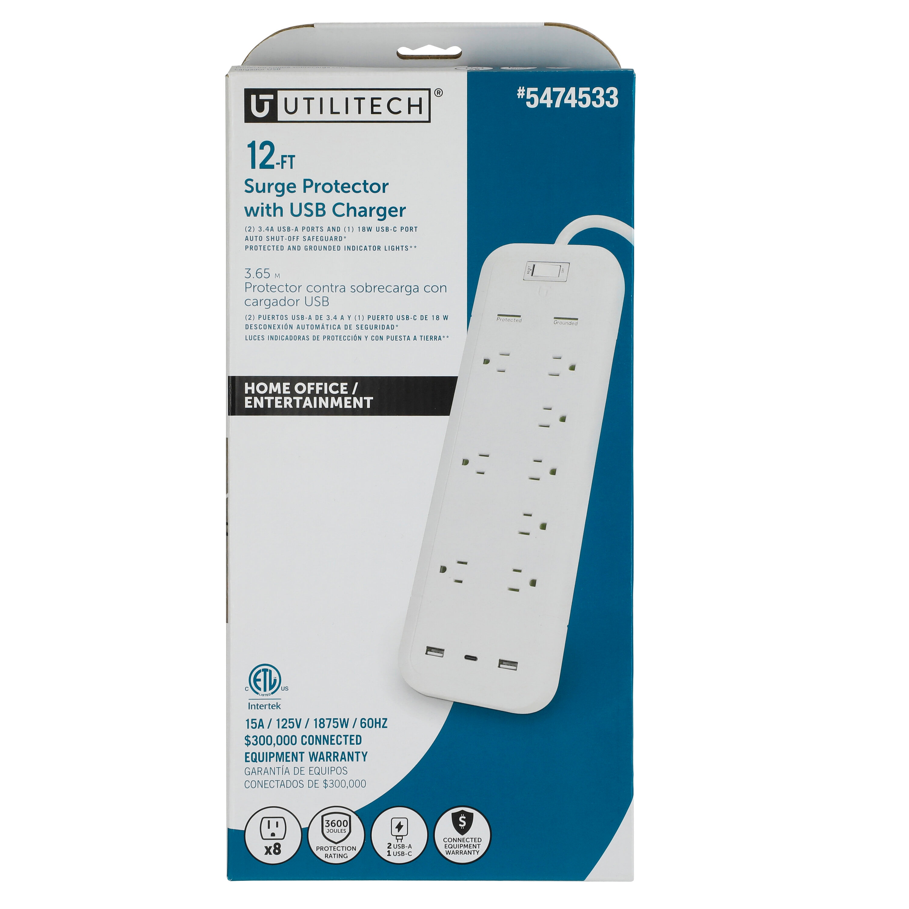 Utilitech 12 ft Surge Protection 8 Outlet 3600 Joules 1875 Watt 1100Va White Indoor Usb and Ac Surge Protector UTPBSUC031 at Lowes