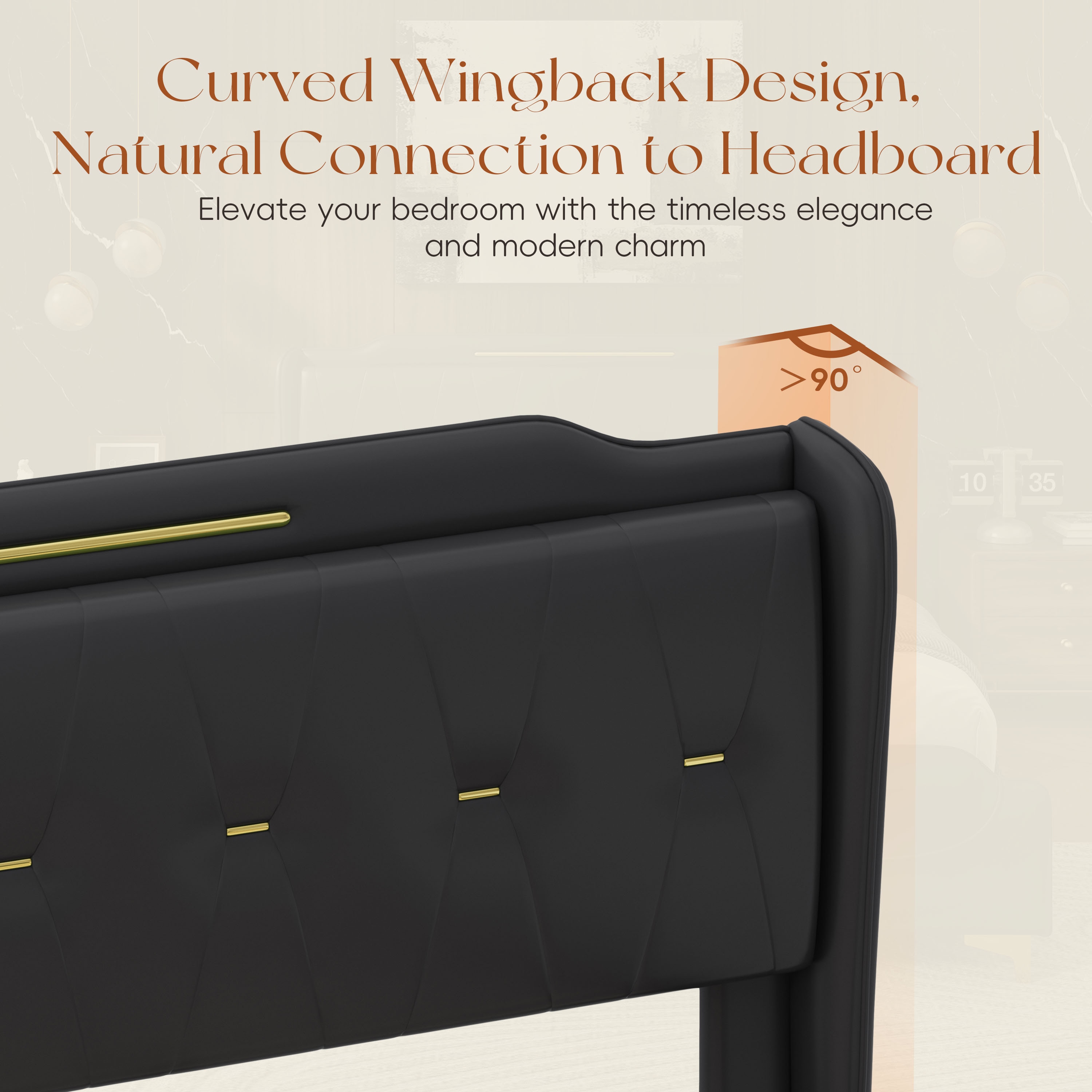 Black Faux Leather Queen Bed with Wingback Headboard and Gold Accents
