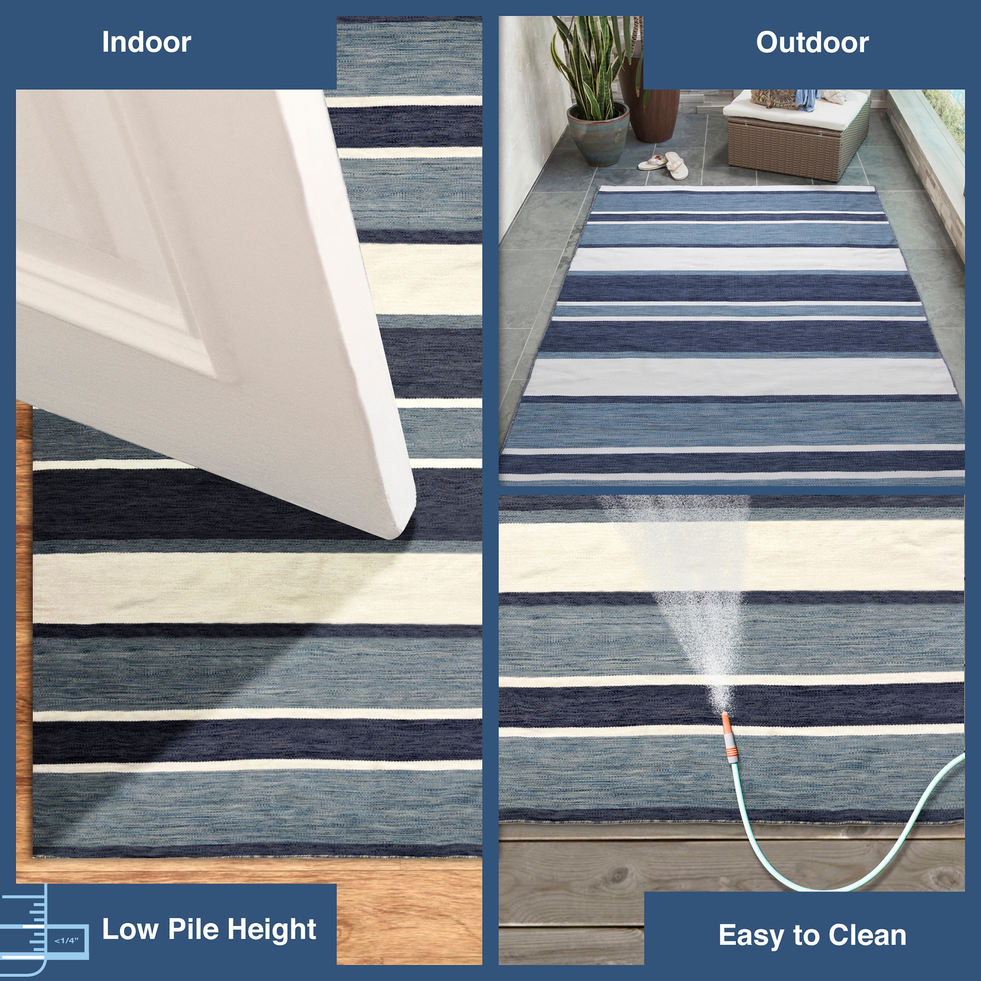 Navy and White Synthetic Flat Woven Reversible 5' x 7' Rug