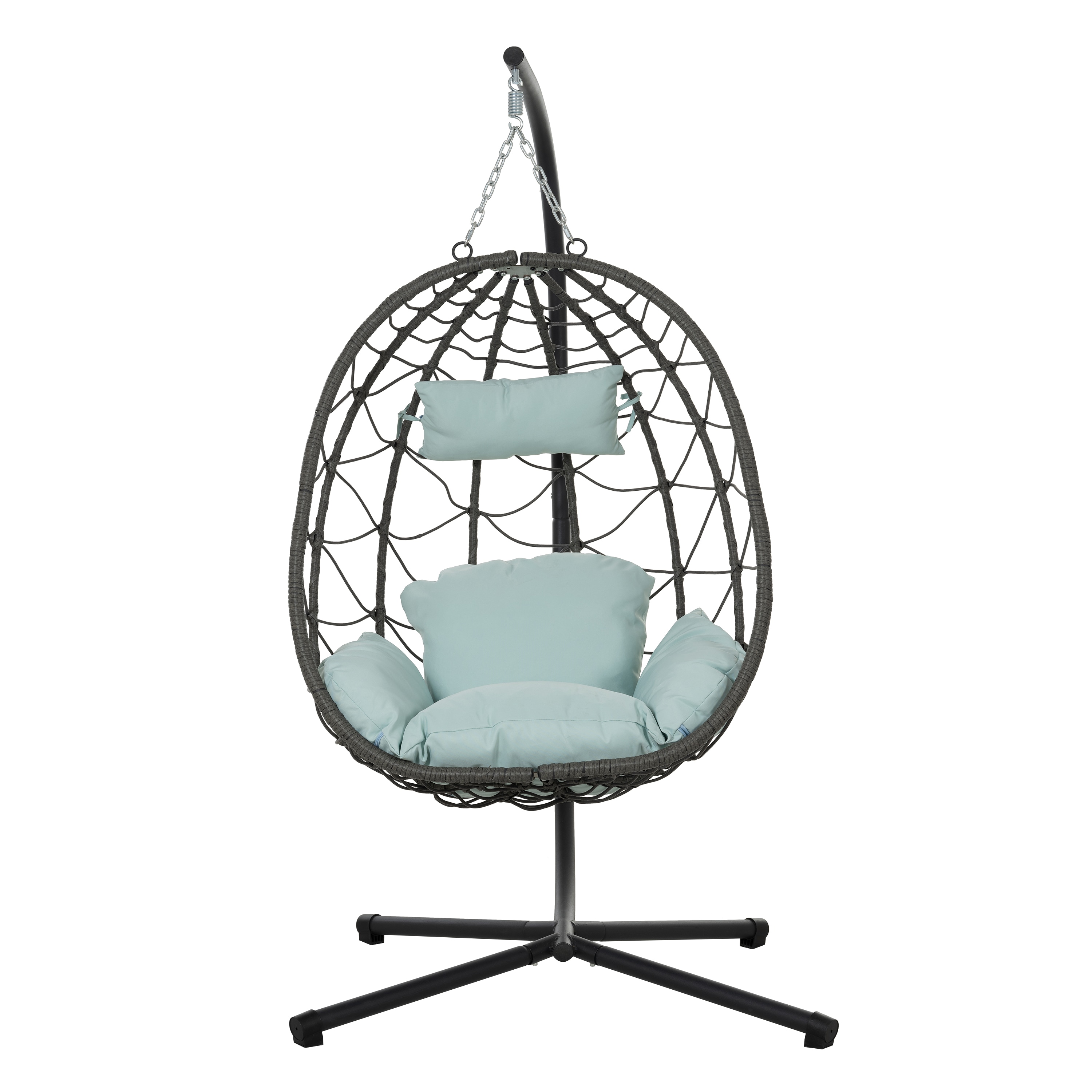Mondawe CR001BL-M Wicker Black Steel Frame Hanging Egg Chair with Blue Cushioned Seat