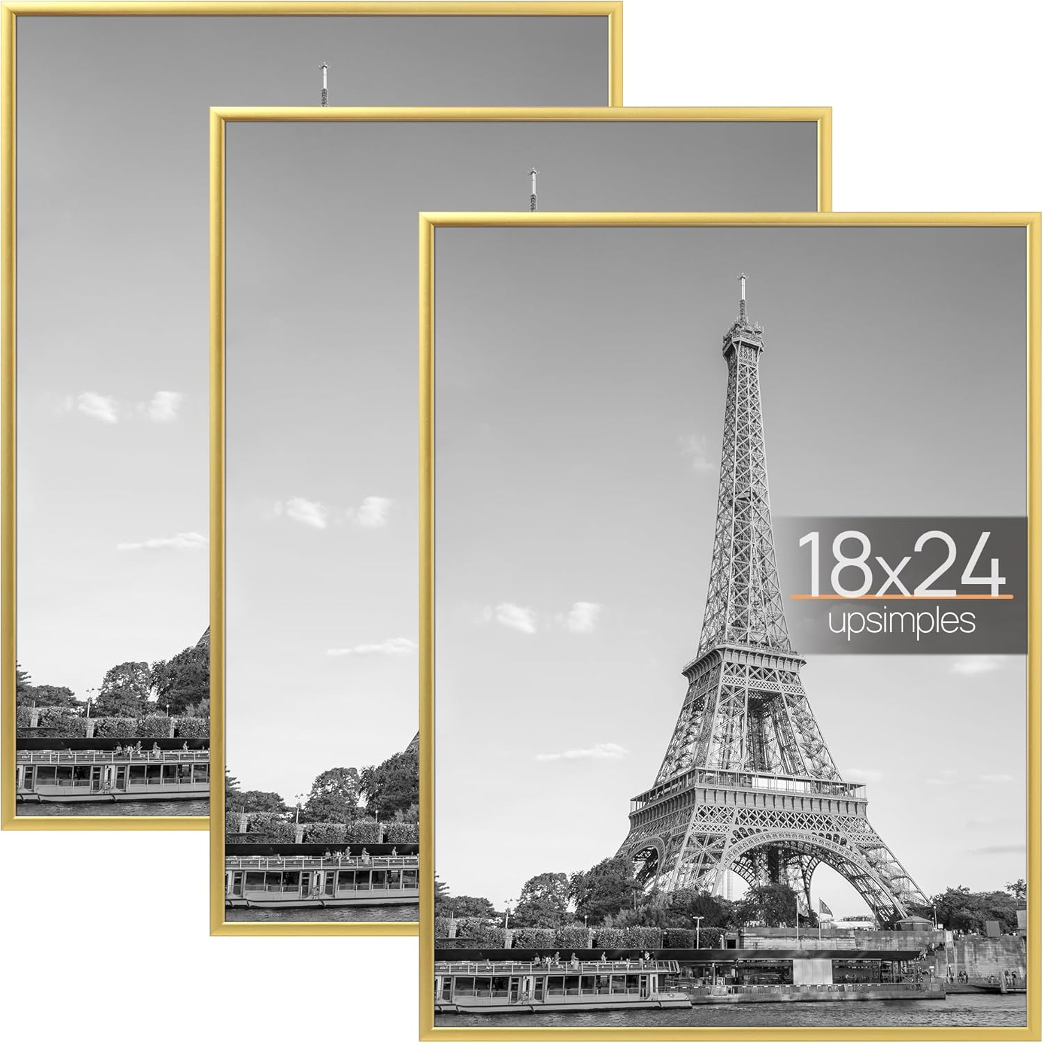 Upsimples B0DBVTBB1Y 18x24 Poster Frame 3 Pack Gold with Scratch Proof Design Slide In Strips for Horizontal or Vertical Wall Mounting