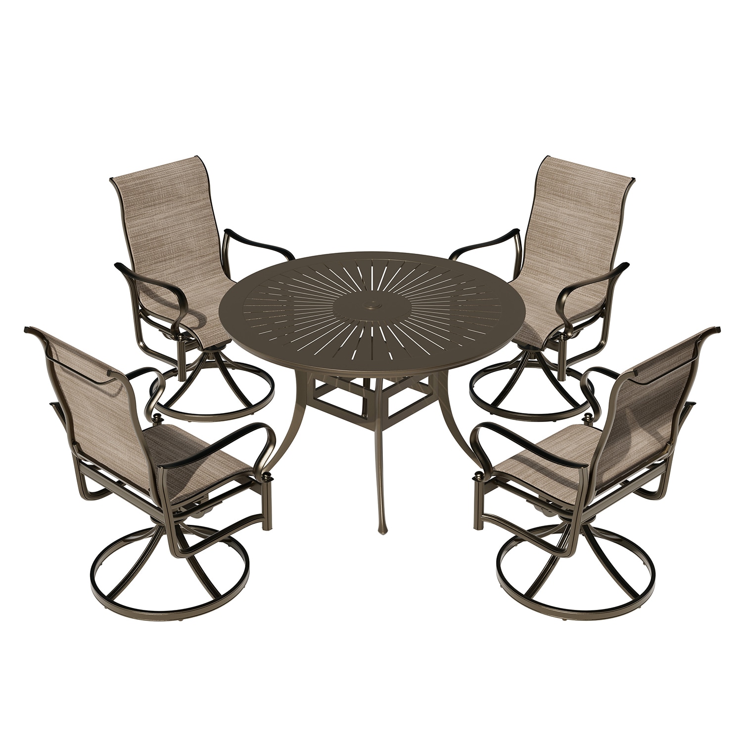 Mondawe MO-ODRGKMCB 5 -Piece Brown Patio Dining Set Aluminum Round Table with 4 Tan Swivel Chairs