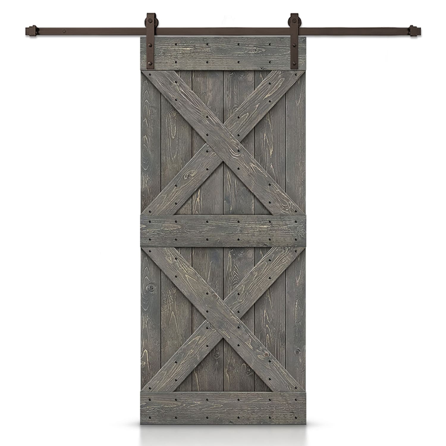 CALHOME SAB-60+DIY-SX-24GT 24-in x 84-in Weather Gray Stained Cross bar Pine Wood Hollow core Single Barn Door (Hardware Included)