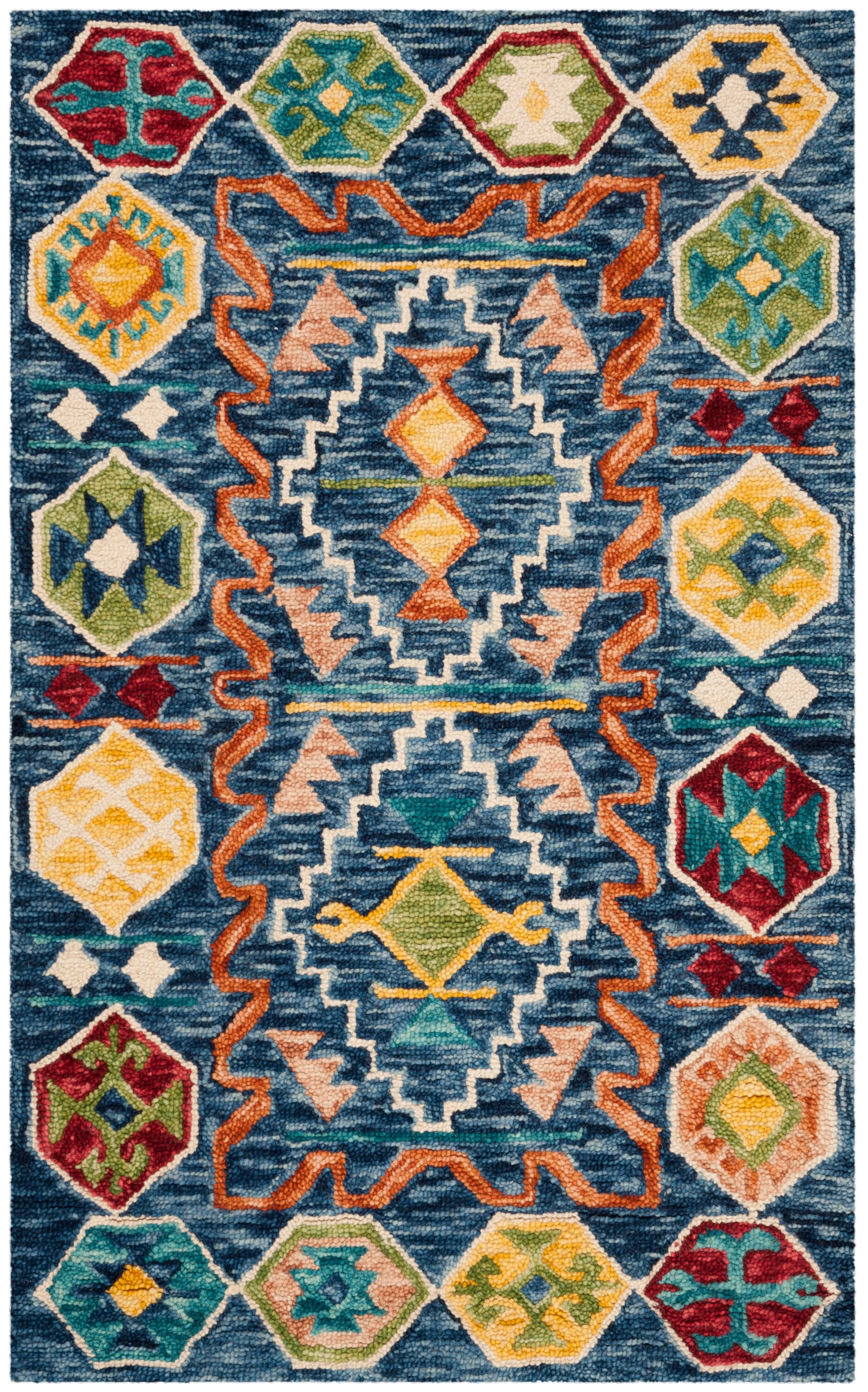 Handmade Tufted Wool Area Rug in Blue Geometric - 3' x 5'