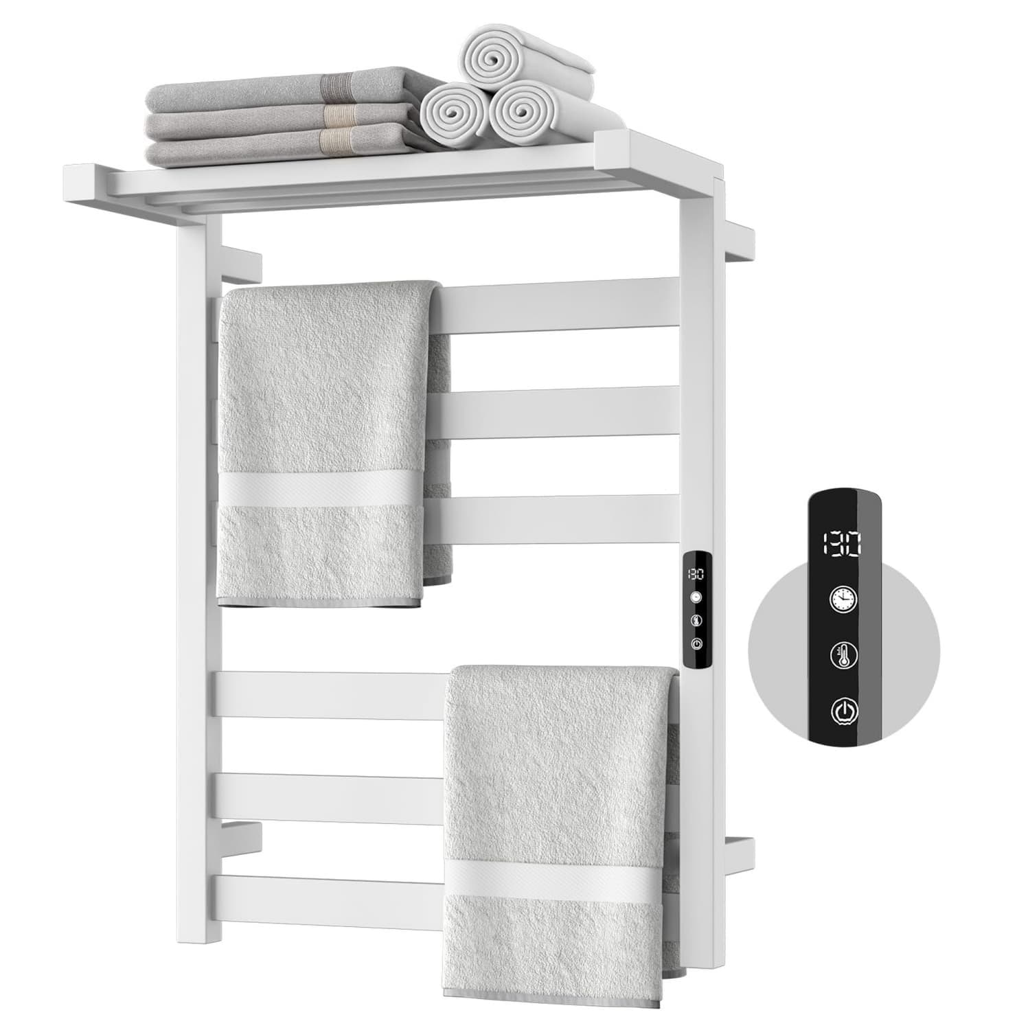 Angel Sar White Wall Mounted Electric Heated Towel Rack with 6 Bars for Bathroom