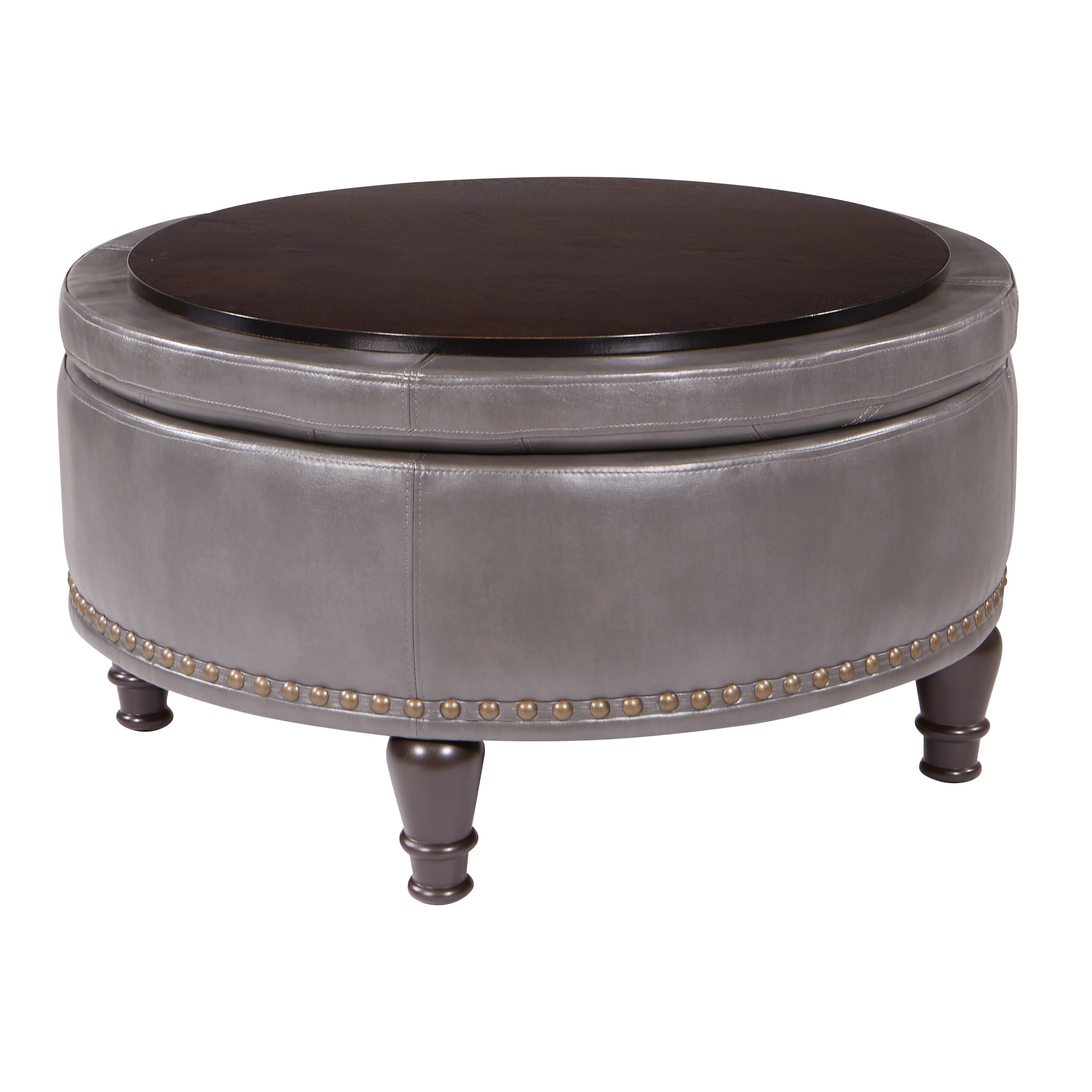OSP Home Furnishings BP-AUOT32-BD26 Midcentury Pewter Faux leather Round Storage Ottoman