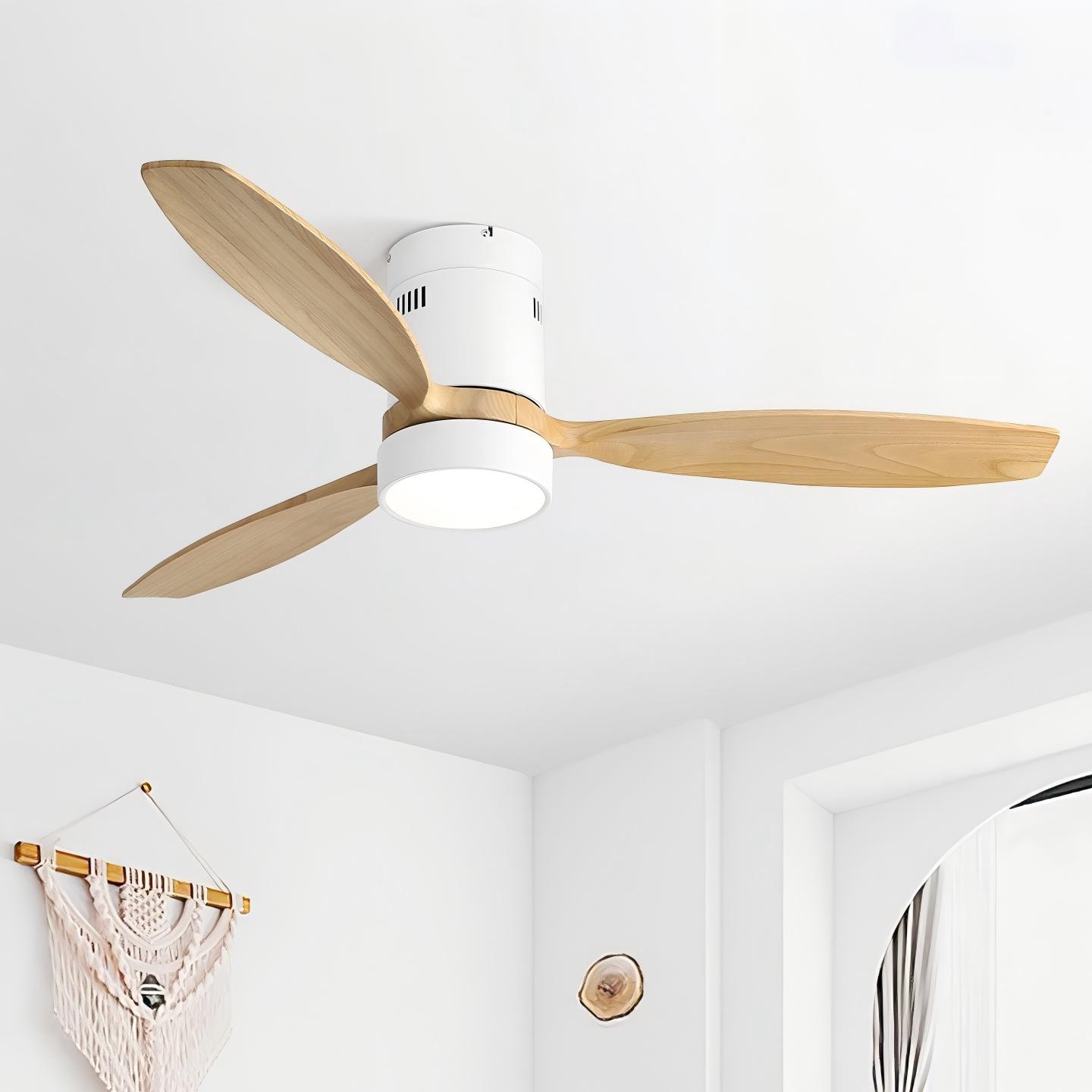 Sunrinx MG40-3-FL 52-in Color-Changing Integrated LED Outdoor Flush Mount White with Natural wood color Blades Propeller Ceiling Fan With Light - Remote Included ( 3 -Blade )