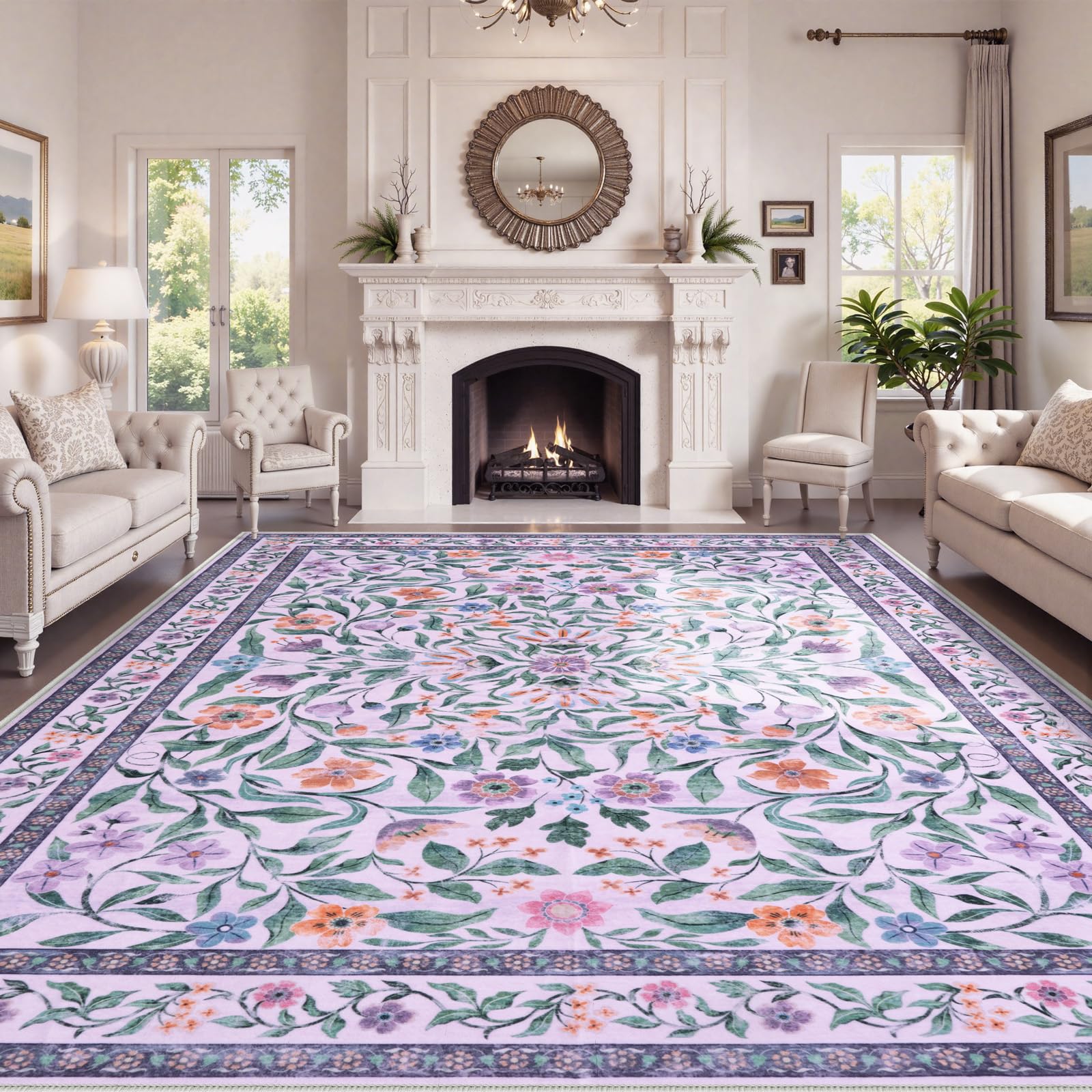 Lahome AR-DYR-420-PR2 8 x 10 (ft) Purple Central Arc Floral Surround Short Pile Velvet Rectangular Indoor Area Rug