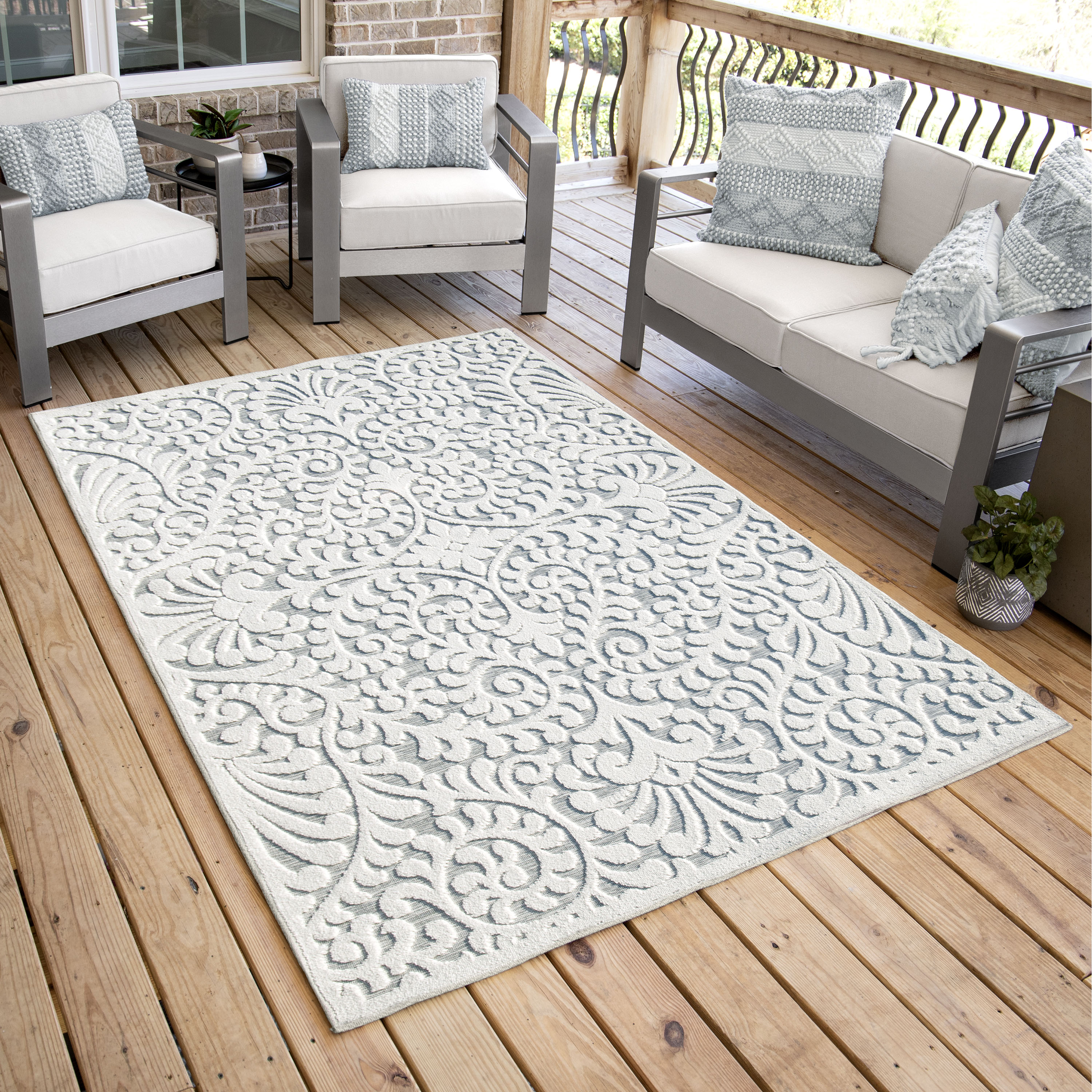 Orian Rugs My Texas House Bluebonnets 5 x 8 Natural/Blue Indoor/Outdoor  Damask Farmhouse/Cottage Area Rug