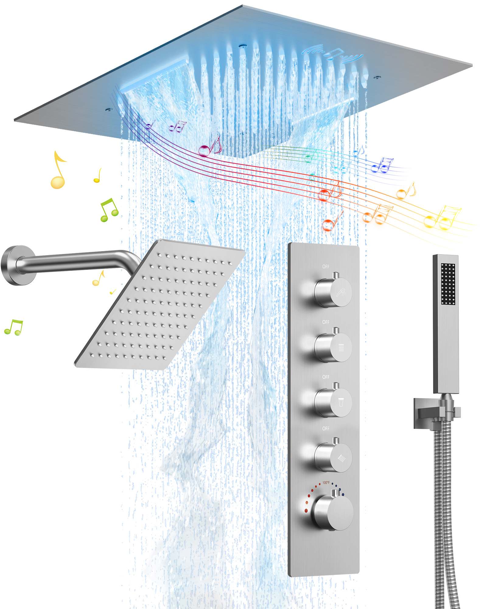 EVERSTEIN SFS-1054-NK20 Chromotherapy Bluetooth 15-Spray 20 and 8 in. Shower Heads Ceiling Mount Fixed and Handheld 2.5 GPM in Brushed Nickel