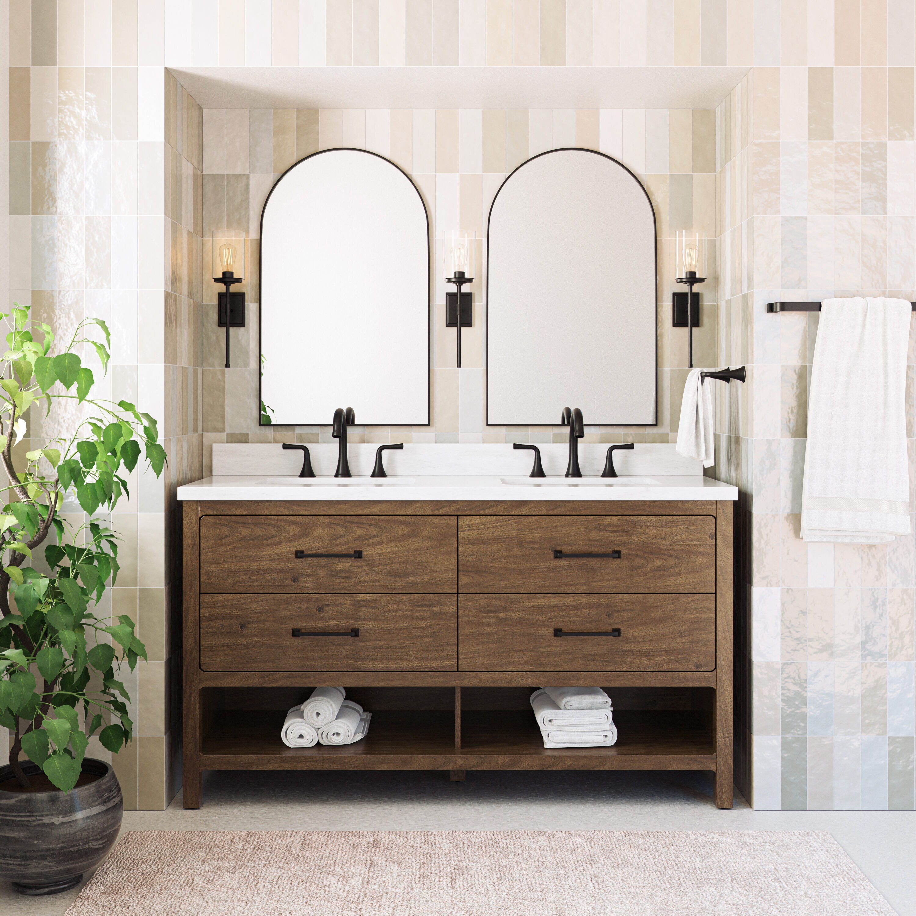 allen + roth Lenhart 60-in Warm Walnut Undermount Double Sink Bathroom ...