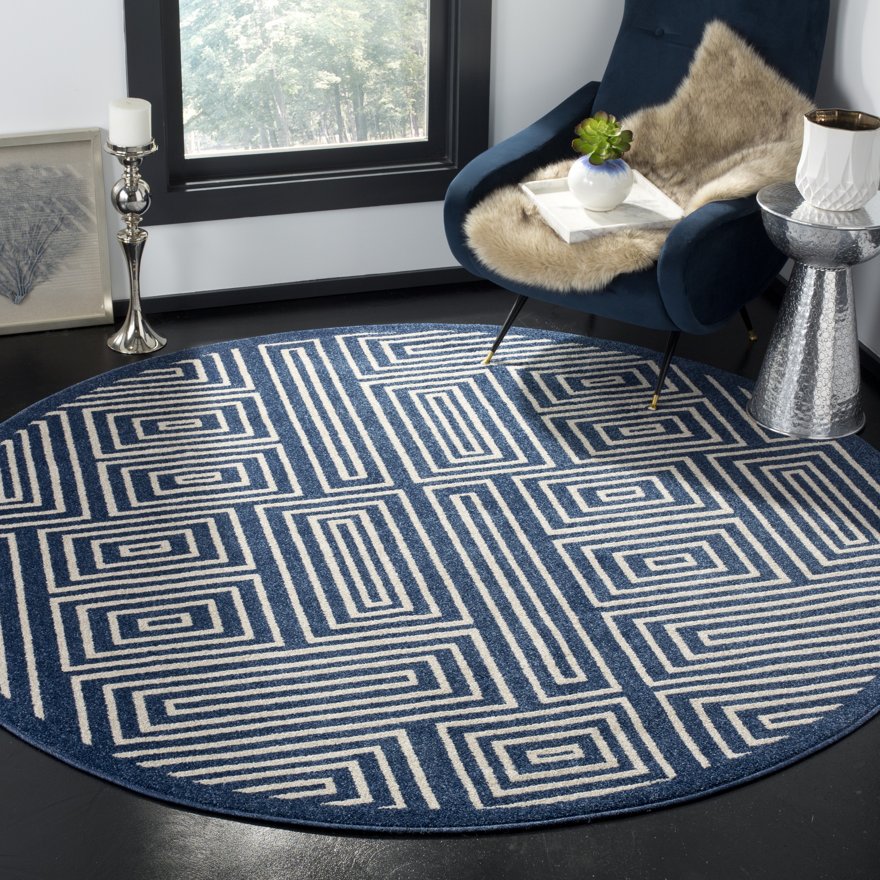 Safavieh AMT430P-7R Amherst Jodi 7 x 7 (ft) Loomed Synthetic Navy/Ivory Round Indoor/Outdoor Geometric Mid-Century Modern Area rug