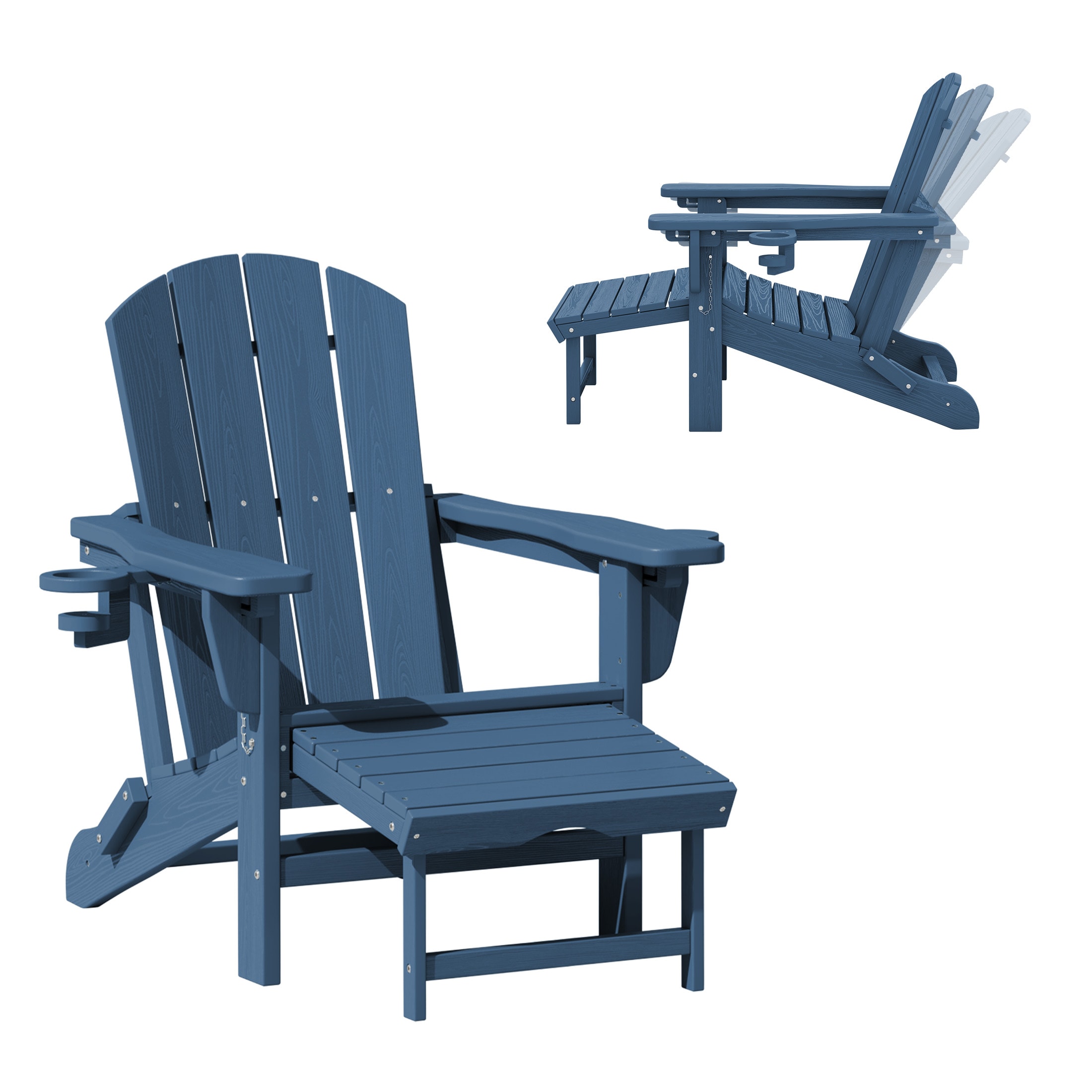 VOUA AK-CLGJ-NY Adjustable Chair with Pull-Out Footrest and Cup Holders Stackable Navy HDPE Frame Stationary Adirondack Chair with Slat Seat