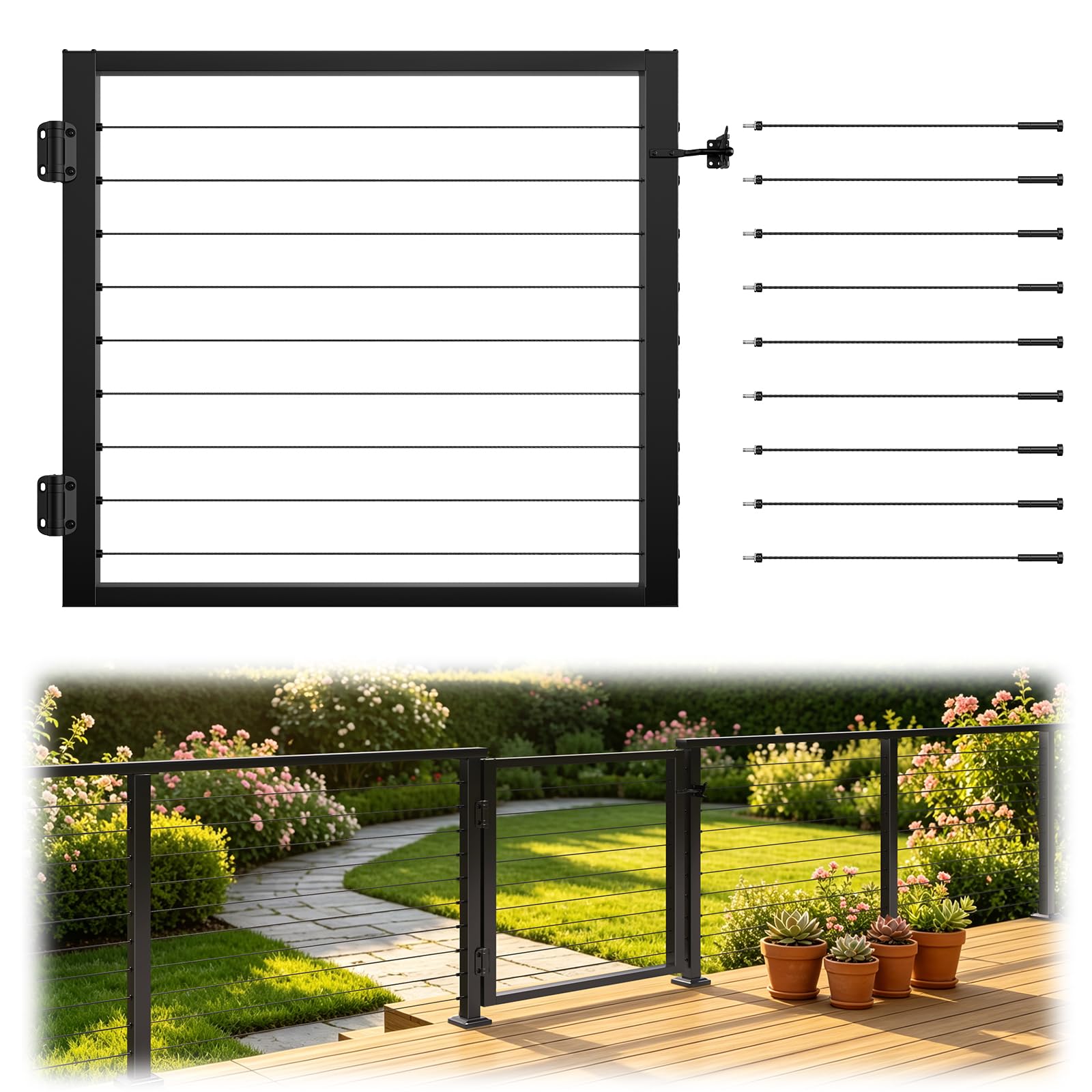 Ahfiwaso  Aluminium Cable Railing Gate Black for Wood Metal 36 Cable Railing System Outdoor 36 W X 32 5 H durable home and garden accessory