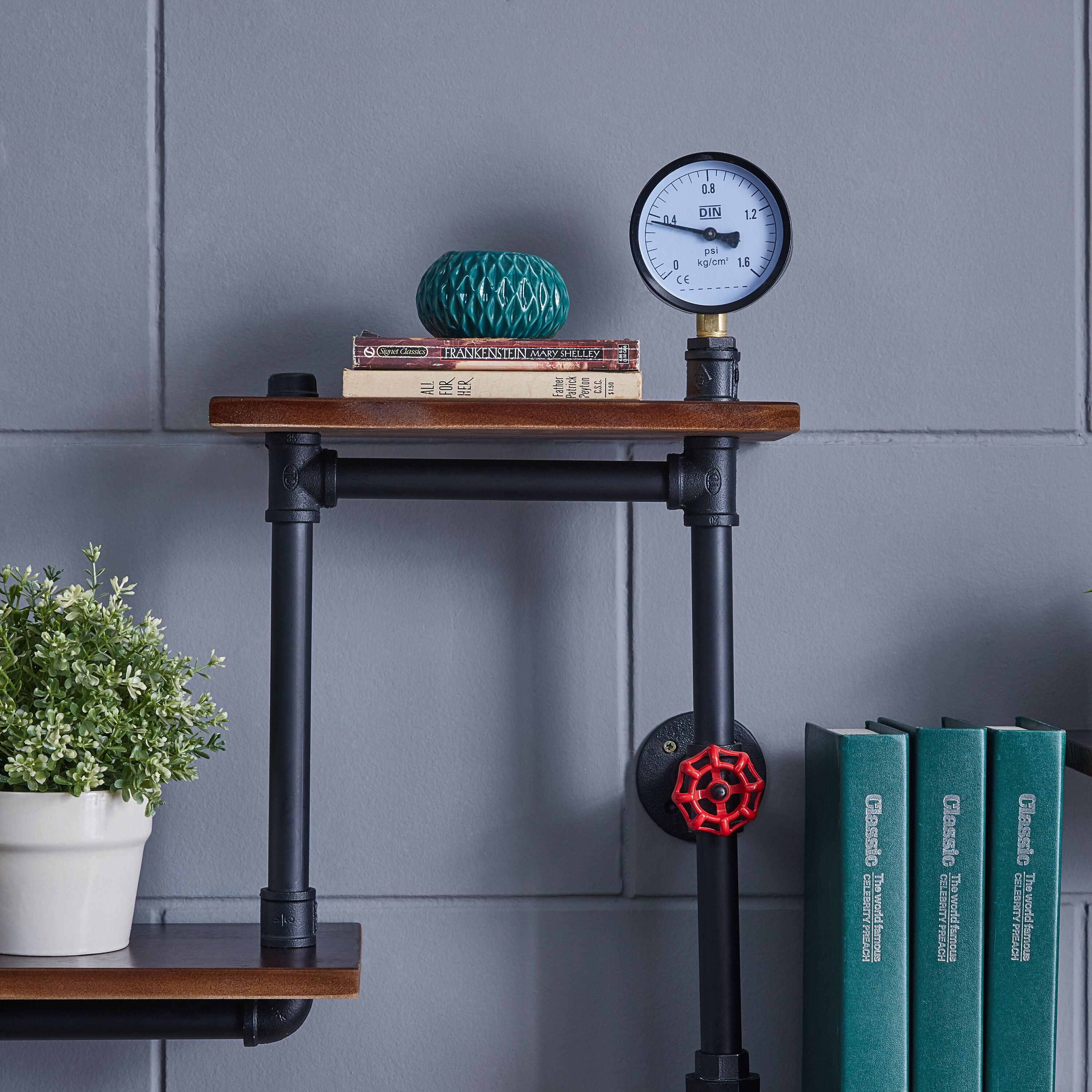 Industrial Chic 26" Black Iron and Wood Wall Shelving Unit
