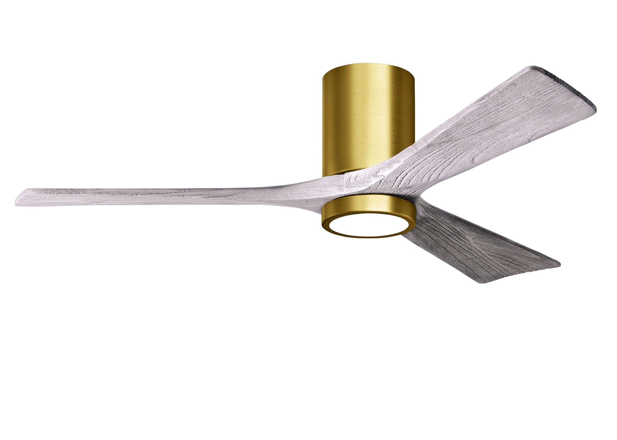 Matthews Fan Company IR3HLK-BRBR-BW-52 Irene-3HLK 52-in Integrated LED Outdoor Flush Mount Brushed Brass with Barnwood Tone Blades Ceiling Fan With Light - Remote Included ( 3 -Blade )