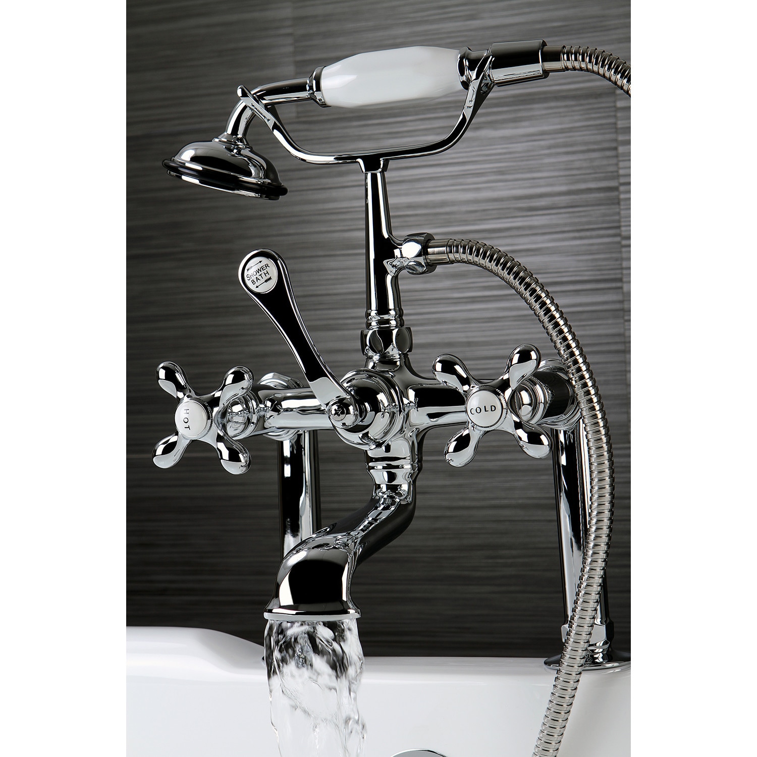 Kingston Brass Vintage Chrome 3 Handle Deck Mount Roman Low Arc Bathtub Faucet With Hand Shower 3003