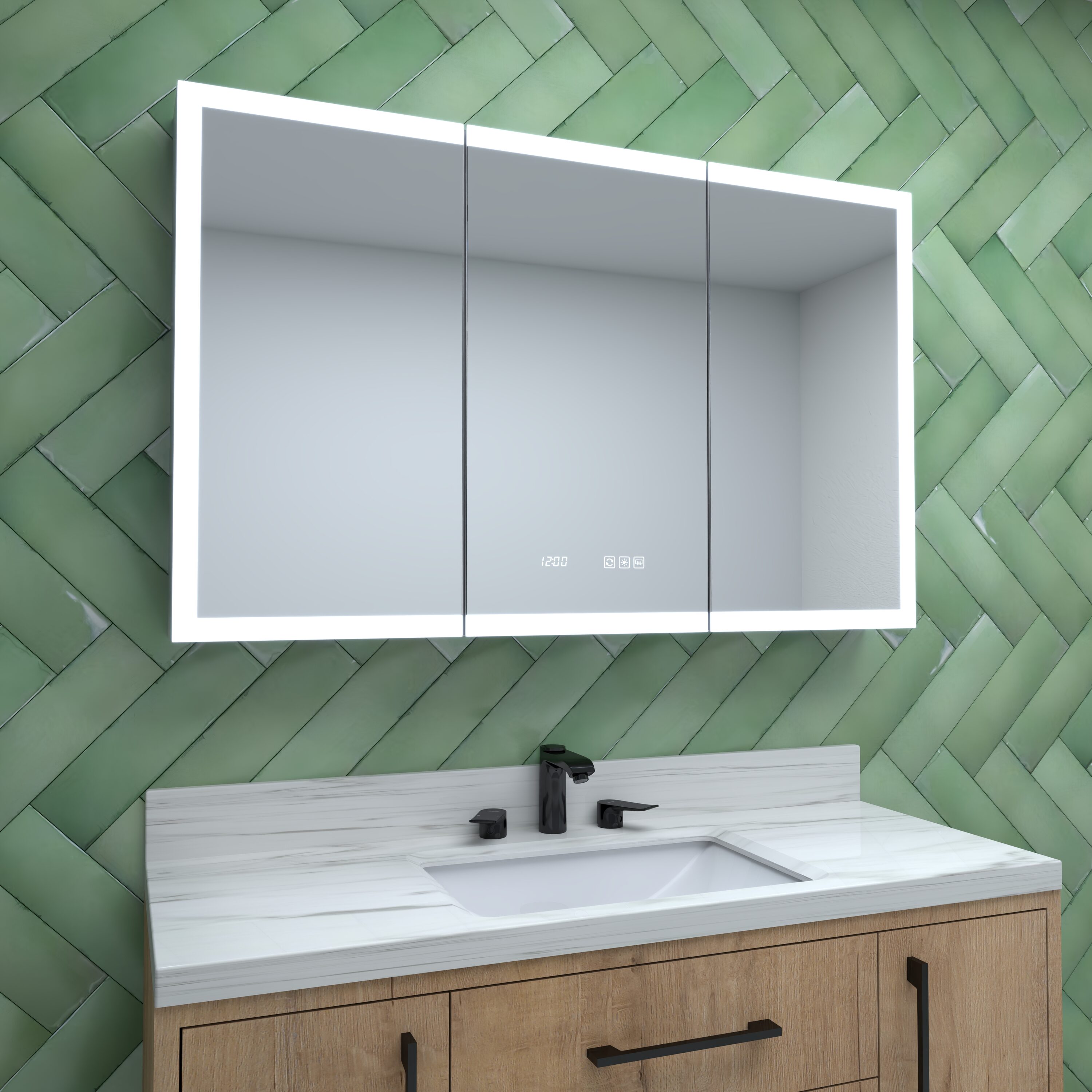 Royal Guard LMC4830-6 Clean 48-in x 30-in Lighted LED Fog Free Surface/Recessed Mount Silver Mirrored Rectangle Soft Close Medicine Cabinet with Outlet