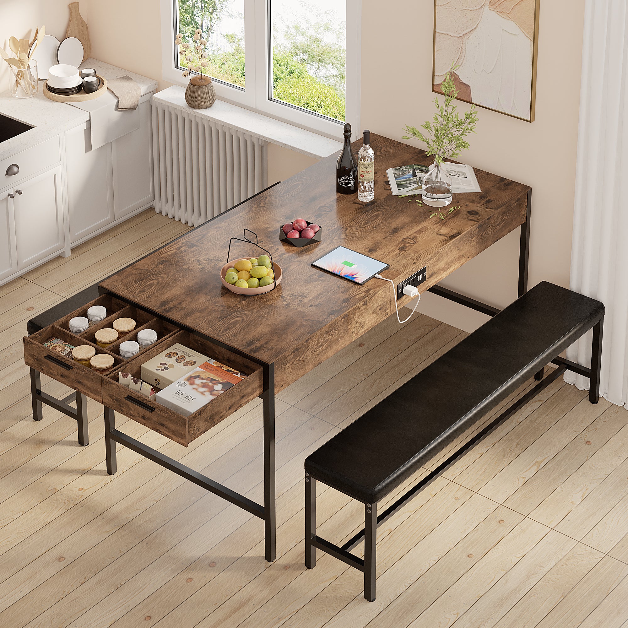 Vecelo LOE-TC19-BRN Dining Table Set With Power Outlet For 4 or 6 Person 3 Piece Kitchen Table With 2 Utensil Drawers 2 Benches Wine Rack and Charging Station For Small Space