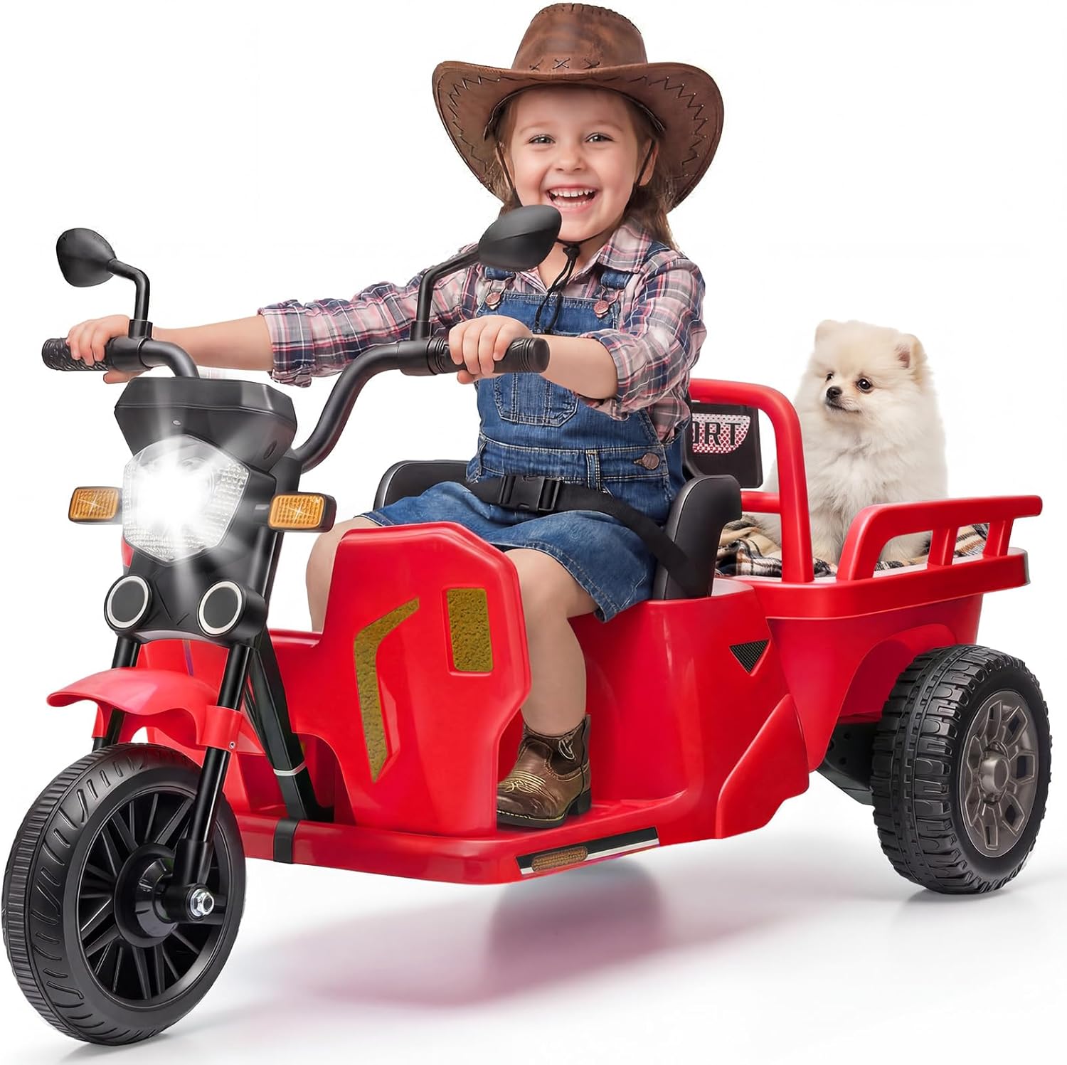Garvee 12V Kids Electric 3 Wheeler Tricycle with Trailer/ Dual 55W Motors Ride On Toy Car with Sand Shovel and Bluetooth Music Headlight/ Rechargeable Ride On Motorcycle Gift for Toddler Boys Girls - Red #BWB-E3WH5V14