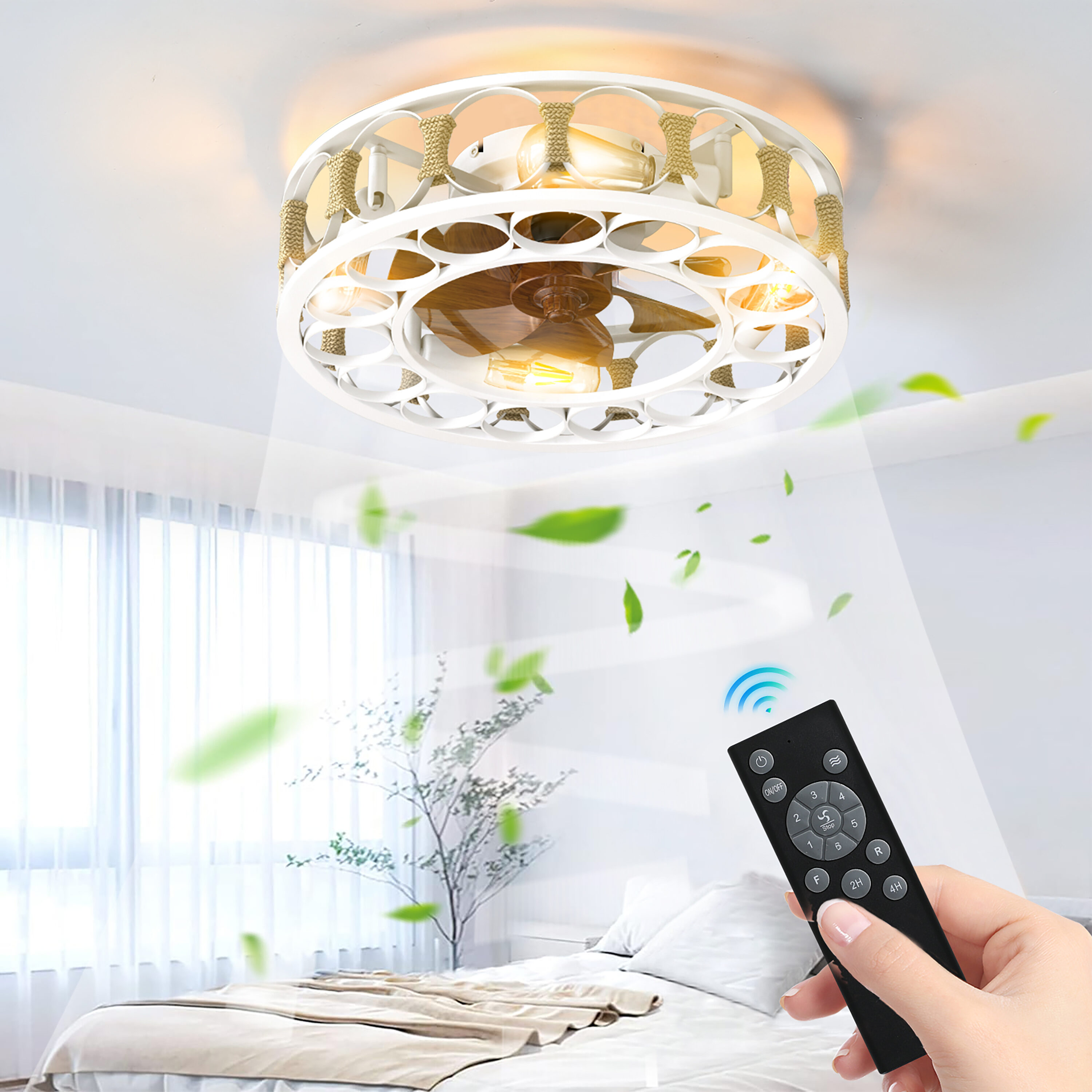 Oaks Decor DANDARK 20-in White Color-changing Indoor Flush Mount Smart Fandelier Ceiling Fan with Light and Remote (7-Blade) OK6007-W Sansujyuku sansujyuku.com