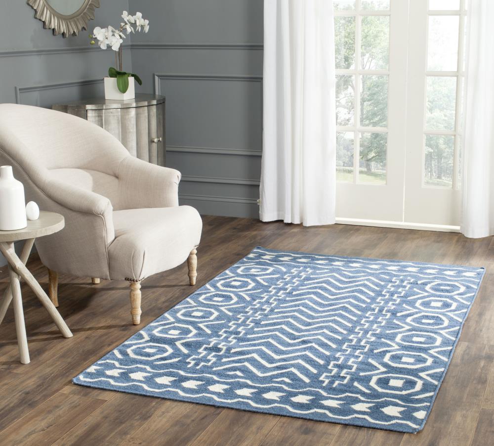 Dark Blue and Ivory Geometric Wool Cotton Area Rug, 6' x 9'