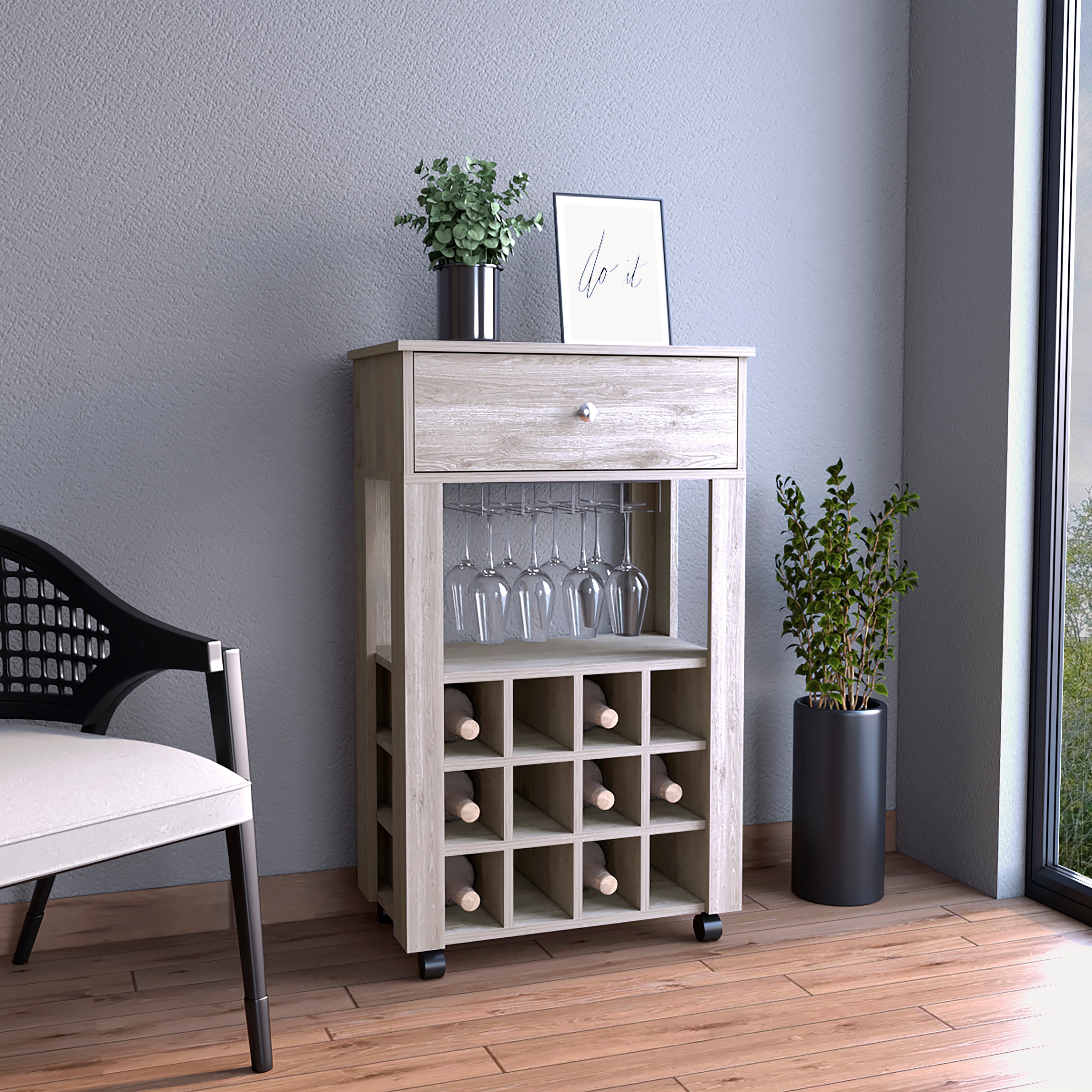 Tinyhomie Memphis Bar Cart Twelve Built-in Wine Rack Four Legs One Open Shelf -Light Gray