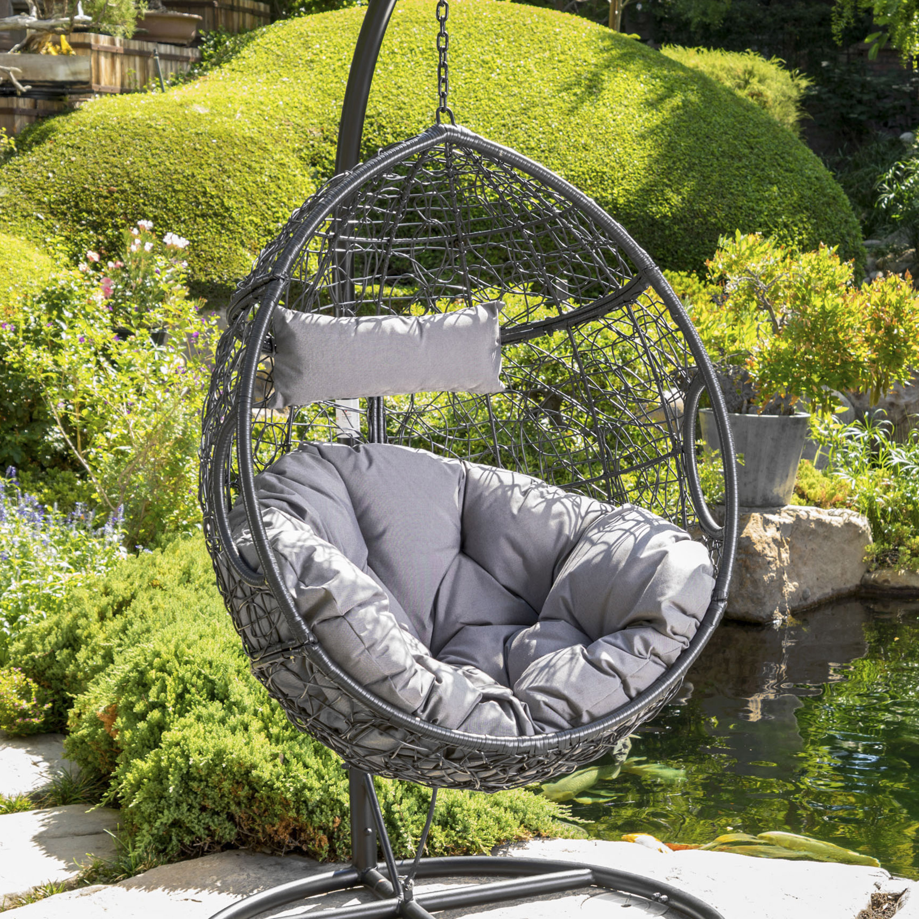 Moda Furnishings MD60653-BSTGRY Classic Wicker Gray Wicker Frame Hanging Egg Chair with Gray Cushioned Seat