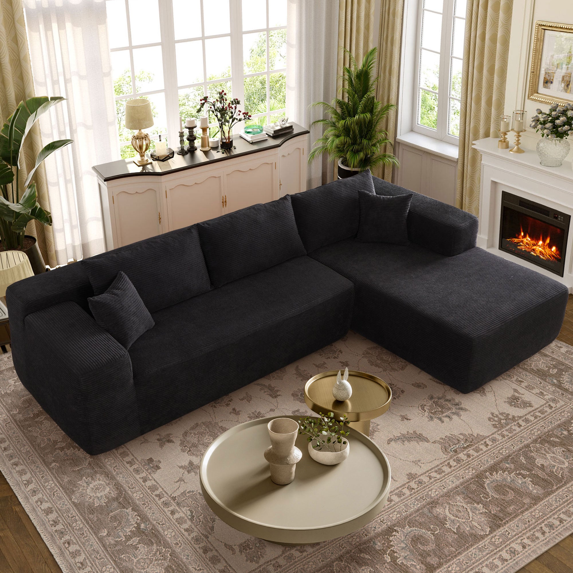Ovios OVIVIR400 104.3-in Casual Black( Corduroy)-Right Chaise Sectional