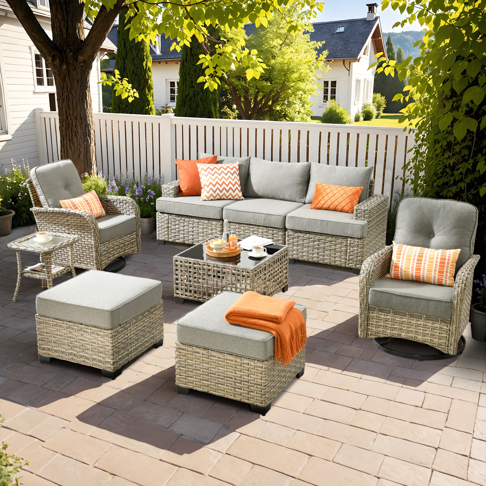 XIZZI XITBS2073-VNCRC Agate 7 -Piece Rattan Patio Sofa Conversation Set with Dark Gray Cushions