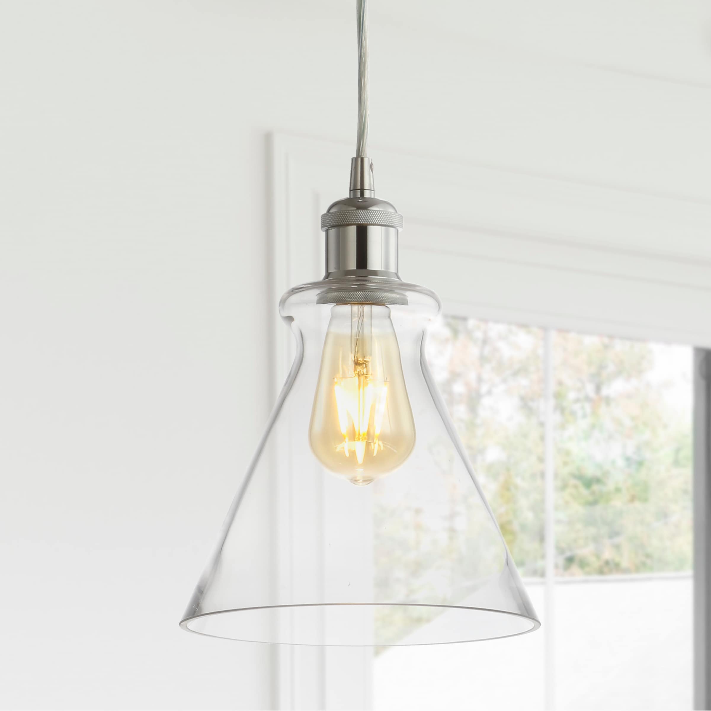 JONATHAN  Y JYL3514B Goldwater 7.5" Adjustable Drop Metal/Glass Classic Chrome Traditional Clear glass Cone Mini Hanging Kitchen island light