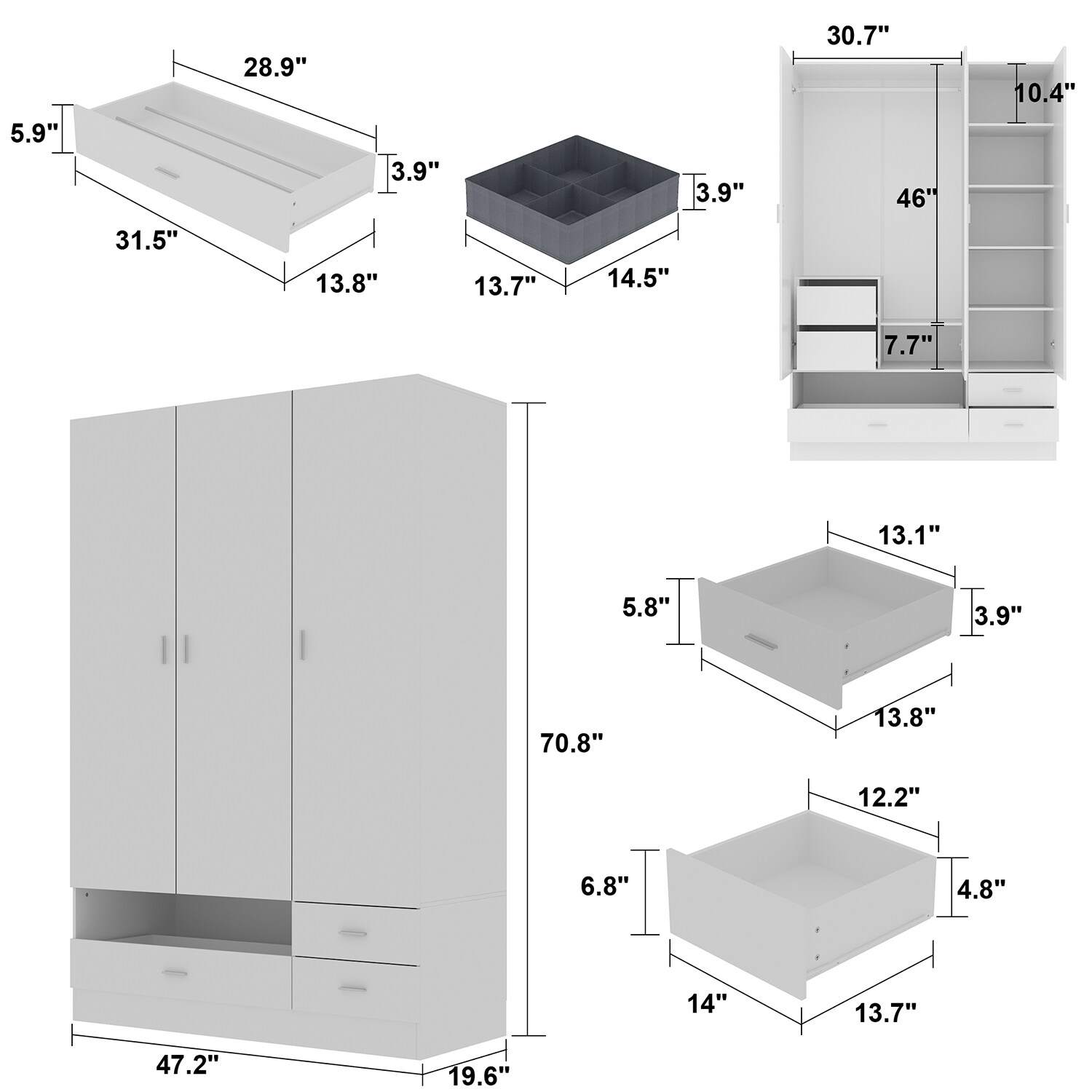 FUFU&GAGA Contemporary 3-Door Wardrobe with 5 Drawers, Spacious Storage ...