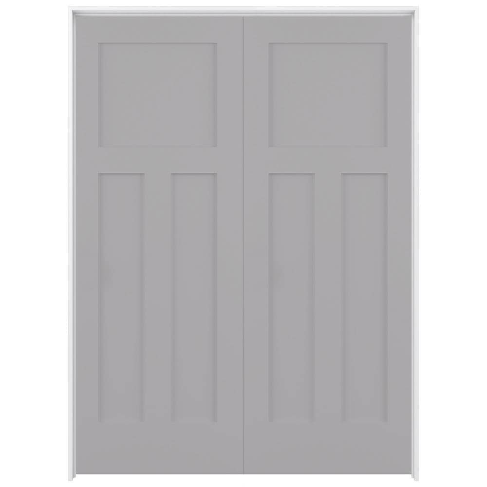 RELIABILT LO1369575 60-in x 80-in Driftwood Solid core 3-panel craftsman Reversible/Universal Smooth Prefinished Pine Wood Flat Jamb Double Prehung Interior Door