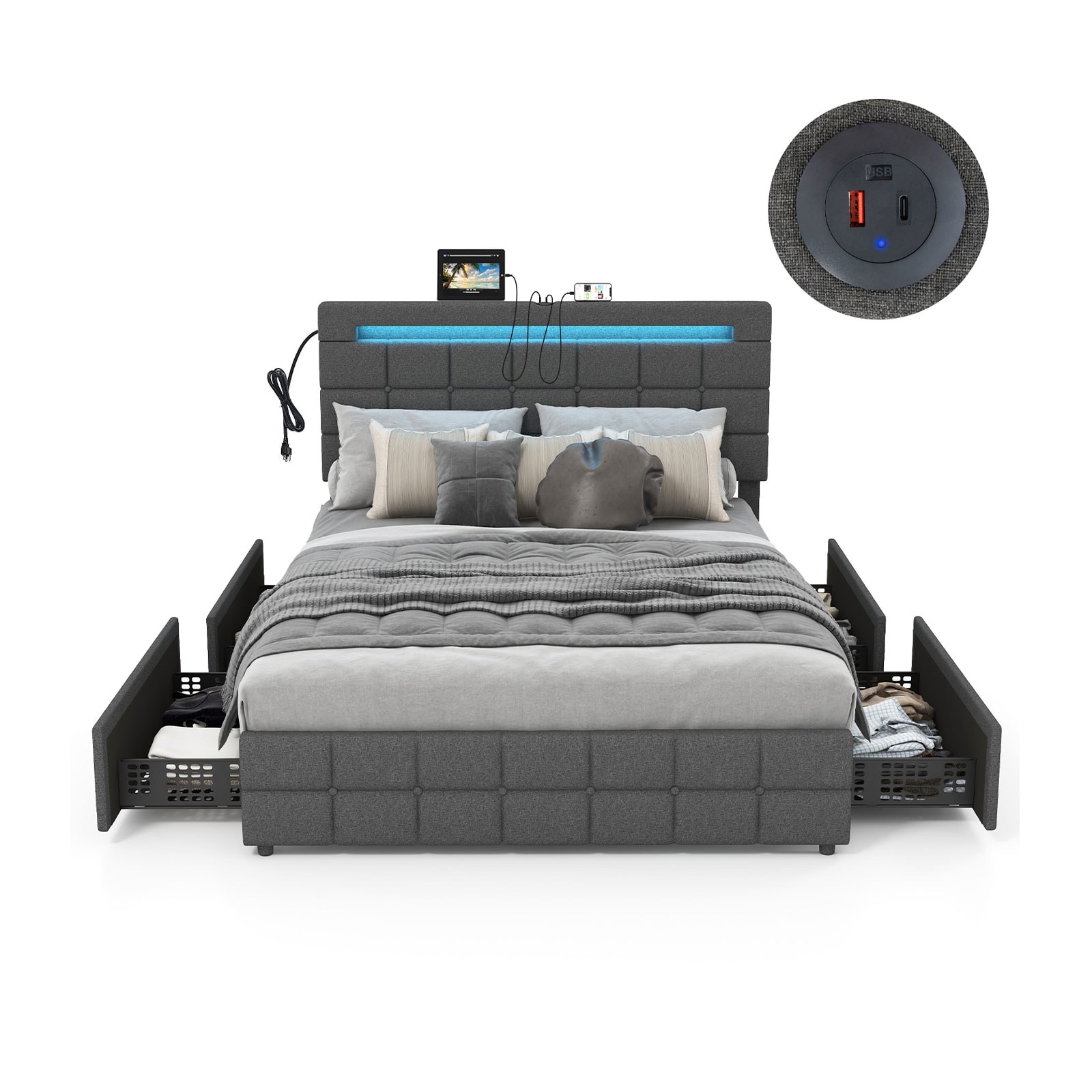 Volenca Full Upholstered LED Bed Frame with 4 Storage Drawers and Charging Station 880-lb Capacity