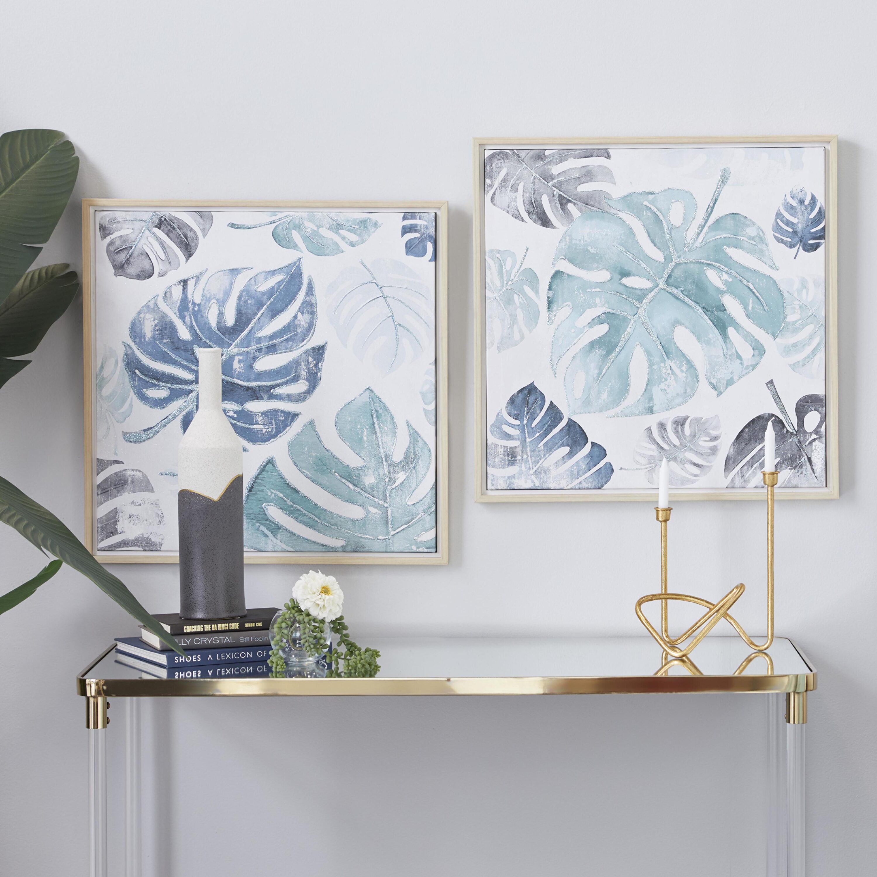 CosmoLiving by Cosmopolitan 87895  Set of 2 24 In. x 24 In. Wall Art Blue Canvas No Artist Tan Wood Framed 24.35-in H x 24.35-in W Coastal Canvas Painting