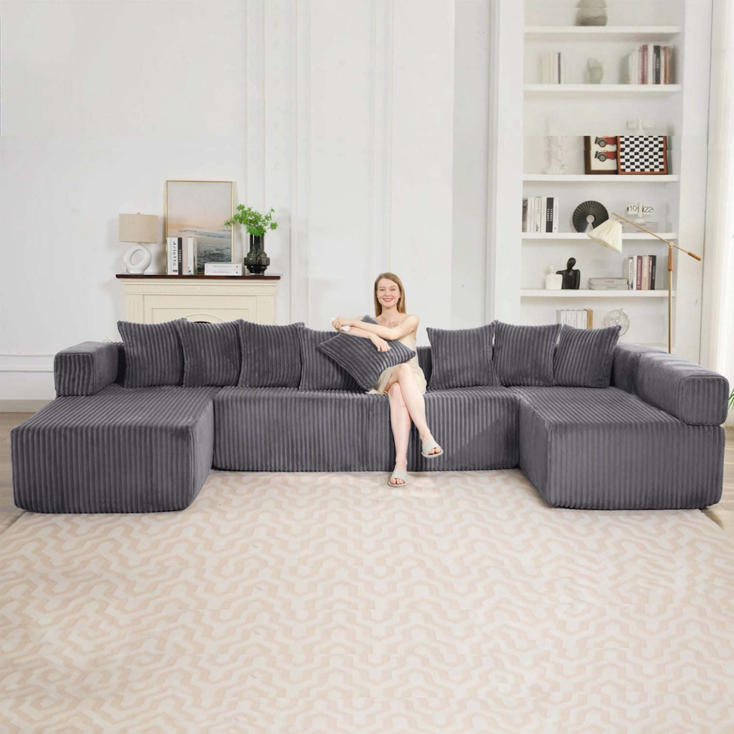 Naturefalls 146-Inch U-Shaped Sectional Sofa 5-Seat Corduroy Sleeper ...