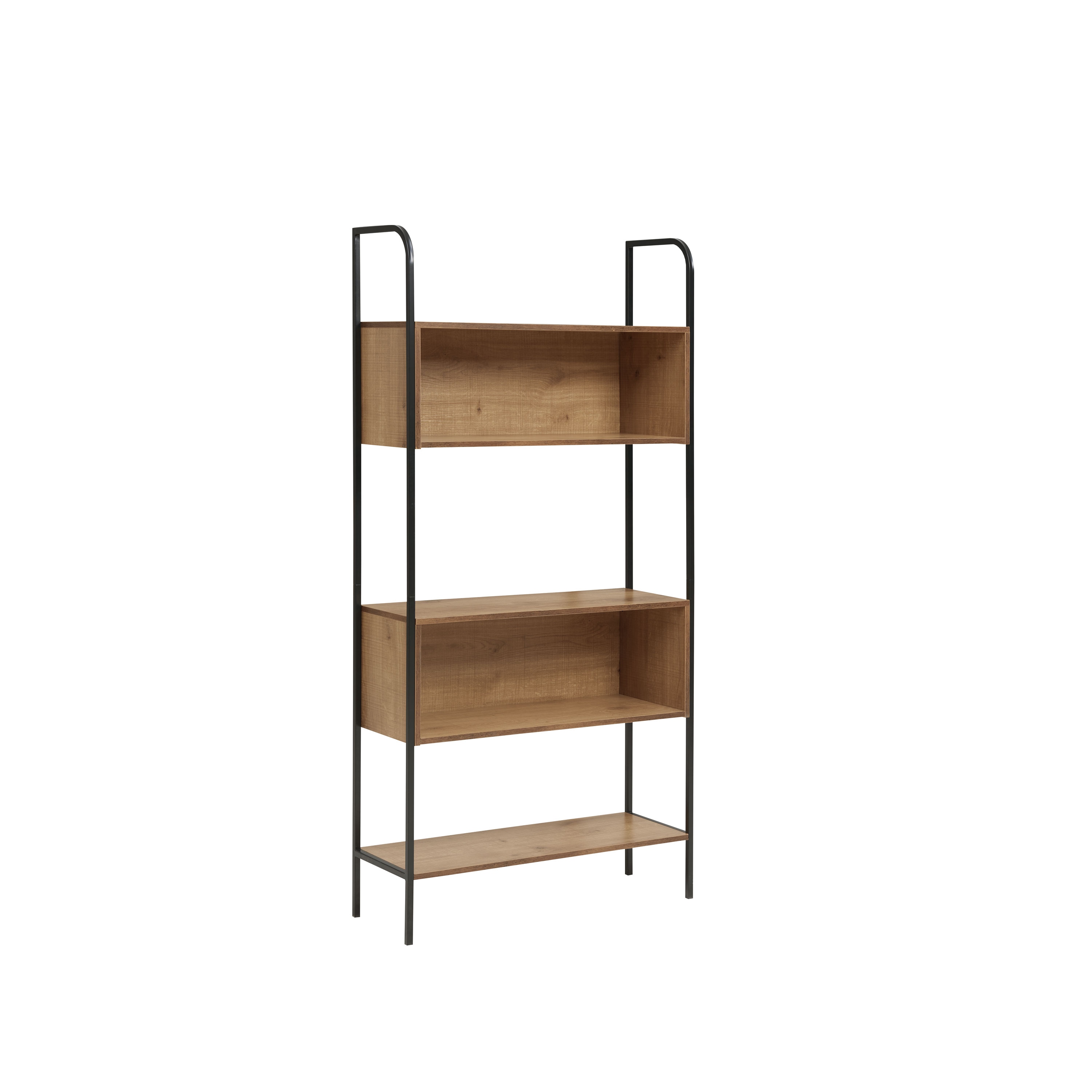 Distressed Oak and Black Metal 67" Bookcase with Cubes