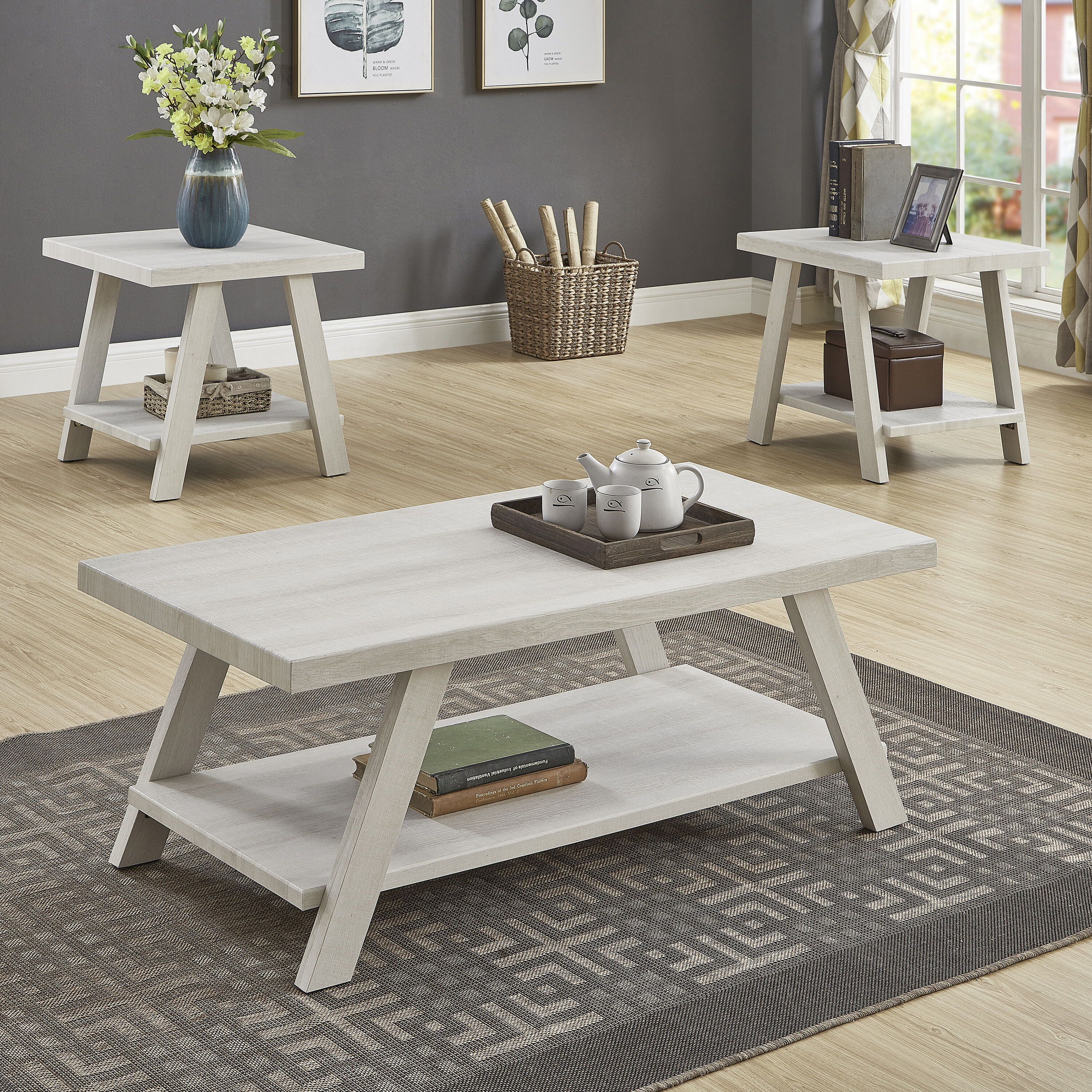 Athens White Engineered Wood Coffee Table Set with Shelf