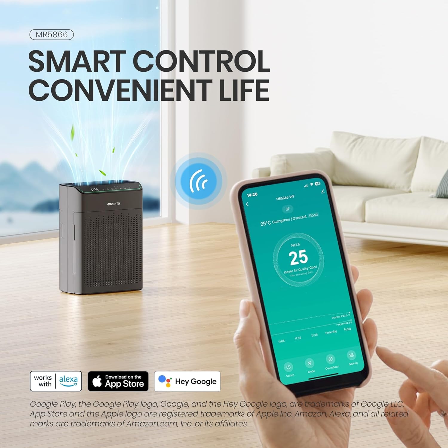 MORENTO 3-Speed Smart Grey HEPA Air Purifier (Covers: 1690