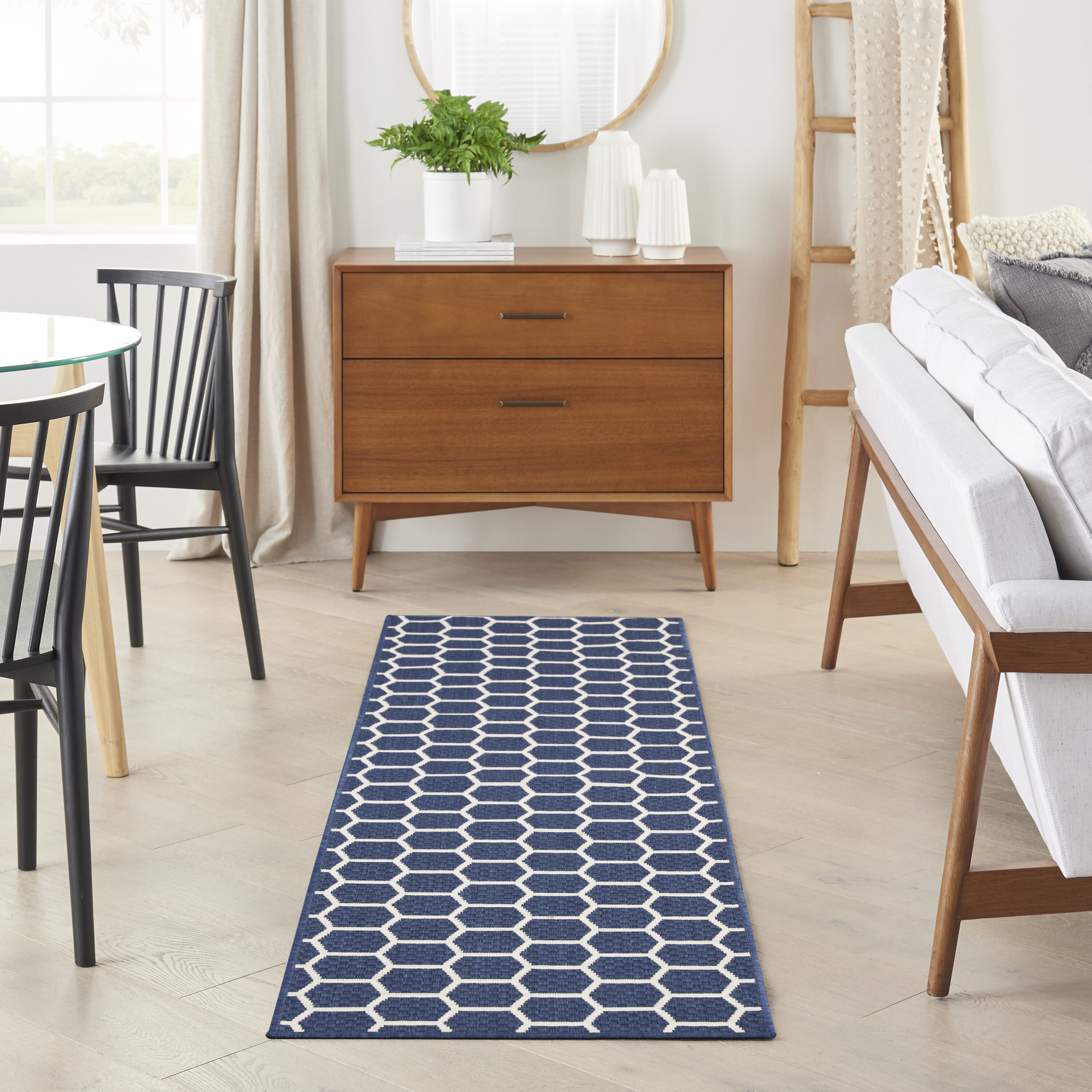 Nourison Home 099446974440 Reversible Indoor Outdoor 2 x 6 (ft) Polyester/Polypropylene Navy Rectangular Indoor/Outdoor Geometric Runner rug